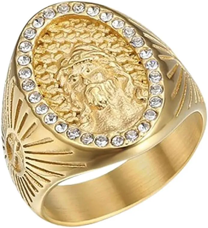 10K Gold Jesus Cross Ring for Men 10K/14K/18K Real Gold Jesus Faith Signet Ring with Moissanite Accents for Men Mens Religion Ring for Fathers Day Christmas US Size 4-18