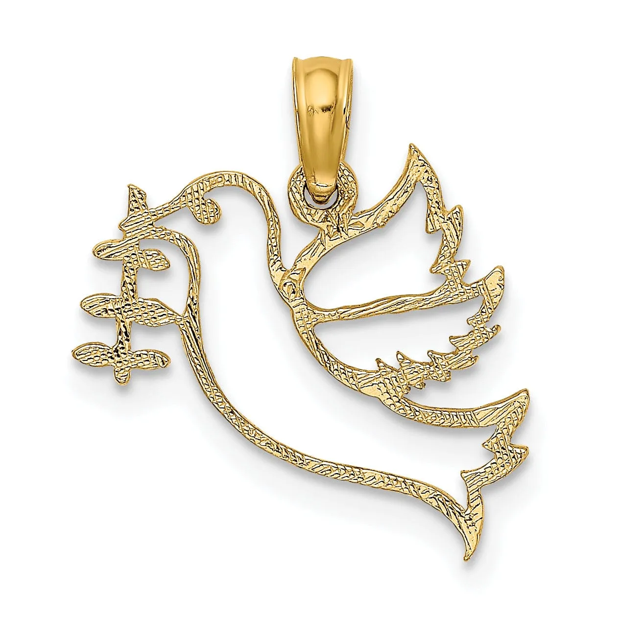 14K Yellow Gold Polished Cut Out Design Dove With Olive Branch Pendant