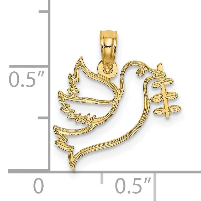 14K Yellow Gold Polished Cut Out Design Dove With Olive Branch Pendant
