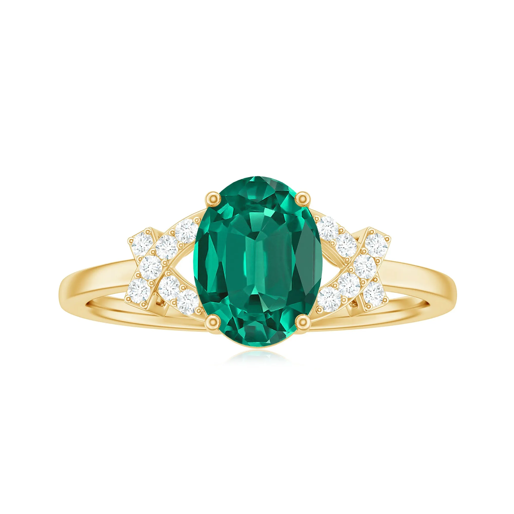 1.5 CT Oval Created Emerald Solitaire Split Shank Ring with Diamond