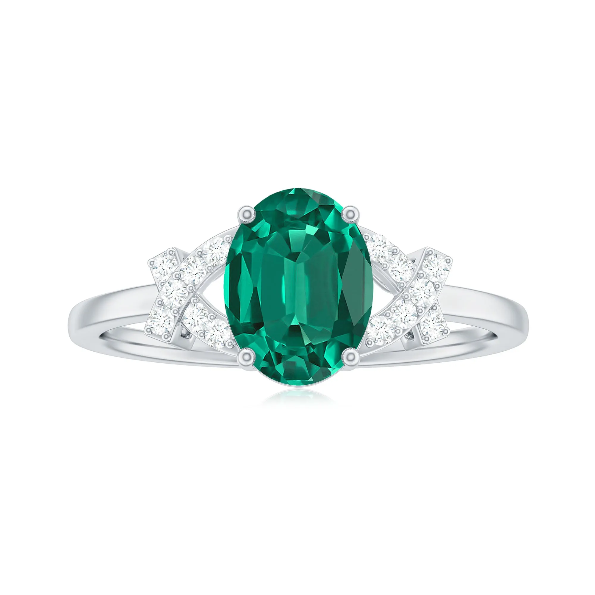 1.5 CT Oval Created Emerald Solitaire Split Shank Ring with Diamond