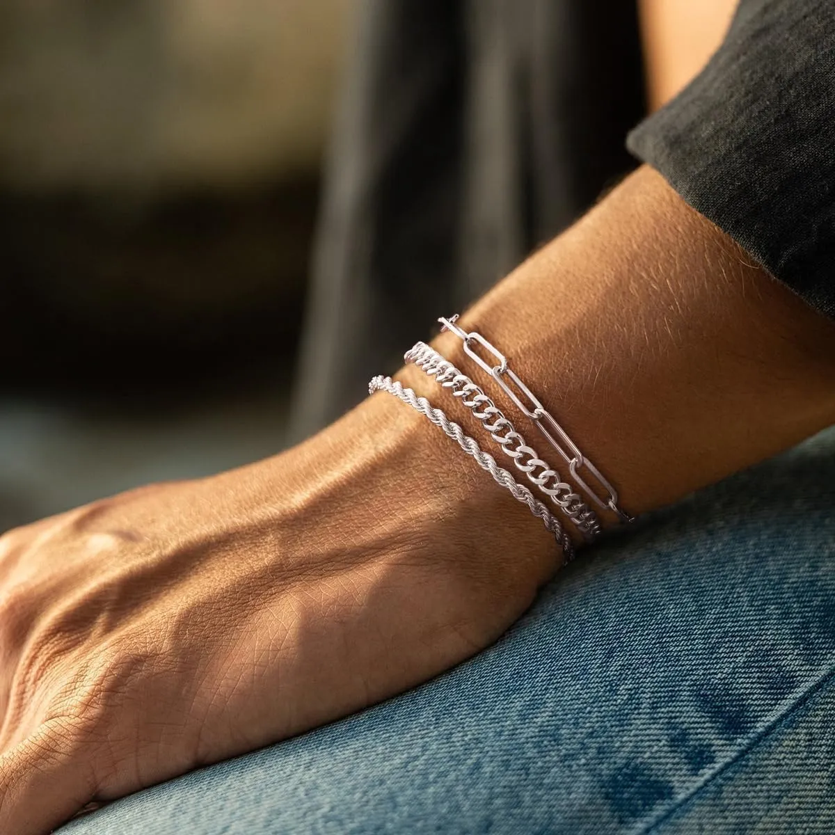 3 Pcs Chain Braclet for Men, Dainty Stackable Sterling Silver Bracelet for Men Non Tanish Simple Paperclip Snake Rope Link Chain Bracelet Set for Mens Jewelry 6.5/7/7.5/8/8.5/9 Inches