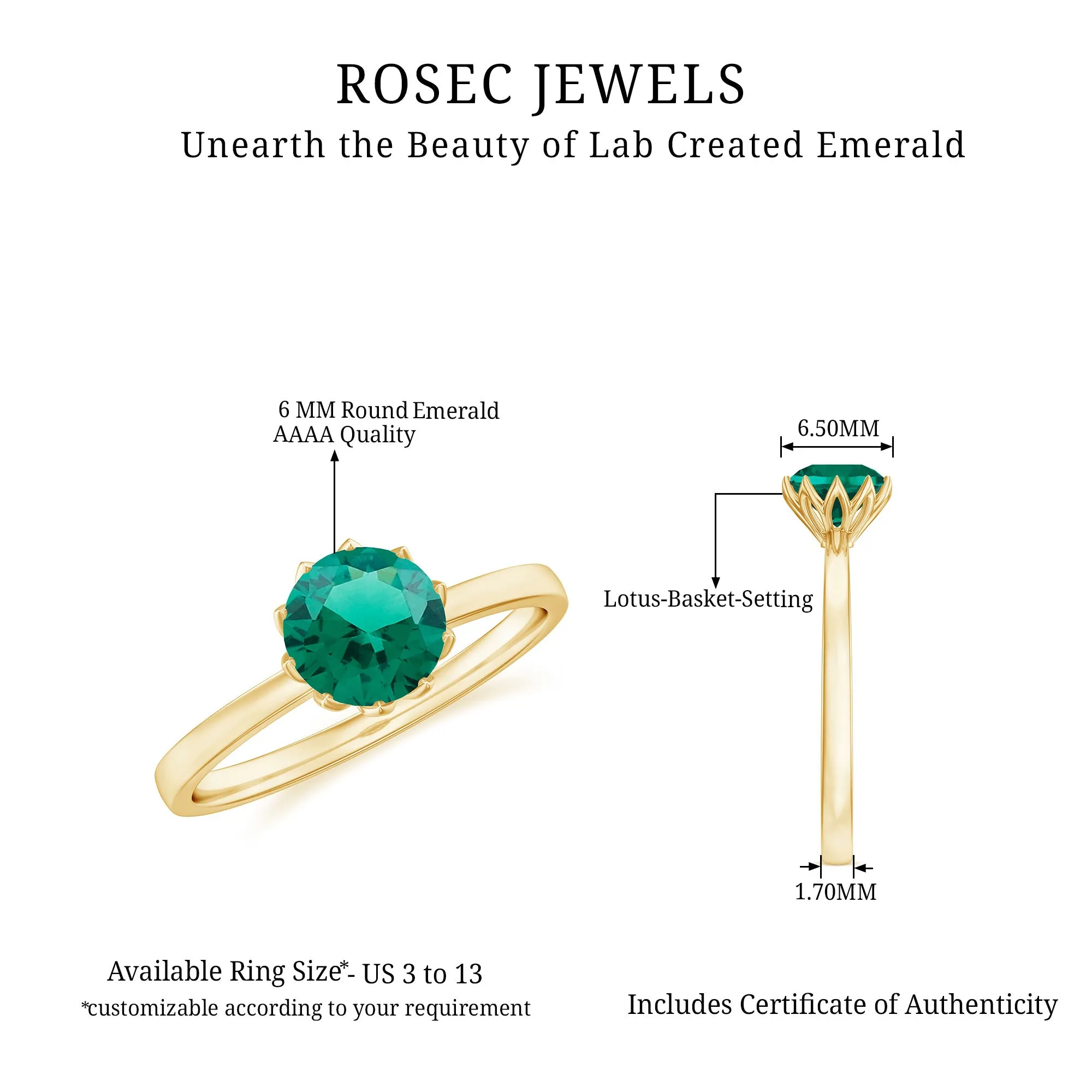 6 MM Round Cut Lab Created Emerald Solitaire Ring in Lotus Basket Setting