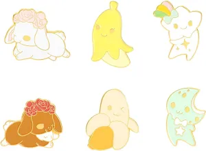 6Pcs Novelty Animal Enamel Lapel Pins Set Cute Cartoon Brooch Pin Flower Dog Enamel Pin Fruit Banana Lapel Pins for Women Kids Clothes Backpack