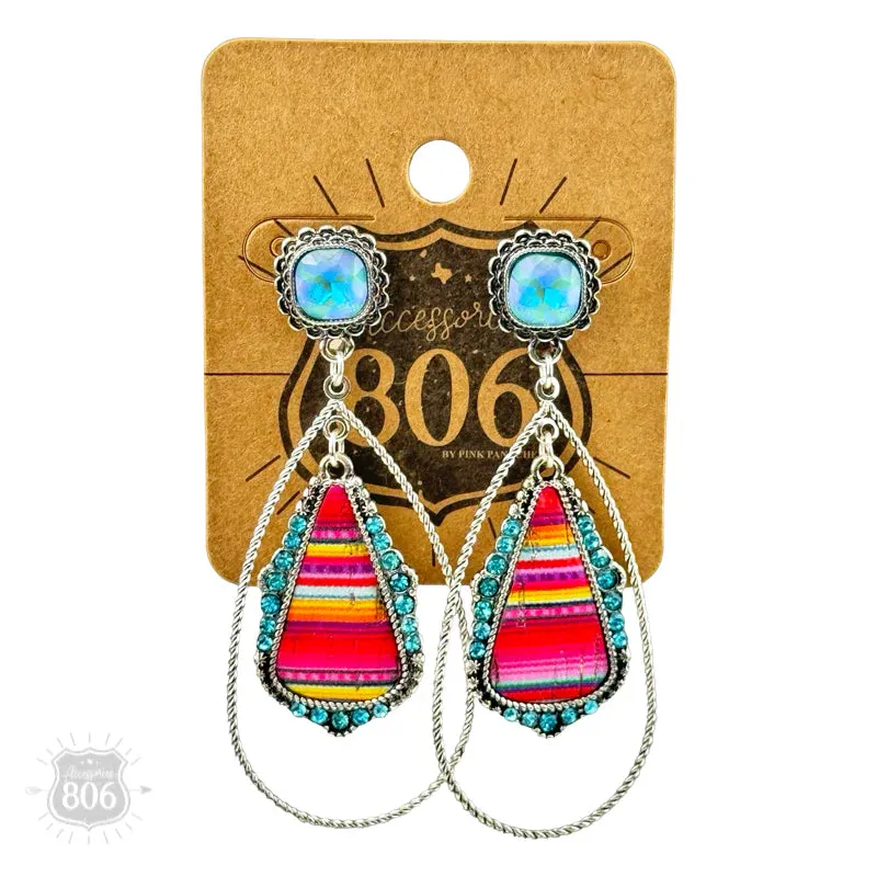 806 by Pink Panache Western Serape Teardrop Earrings with Rhinestone Post