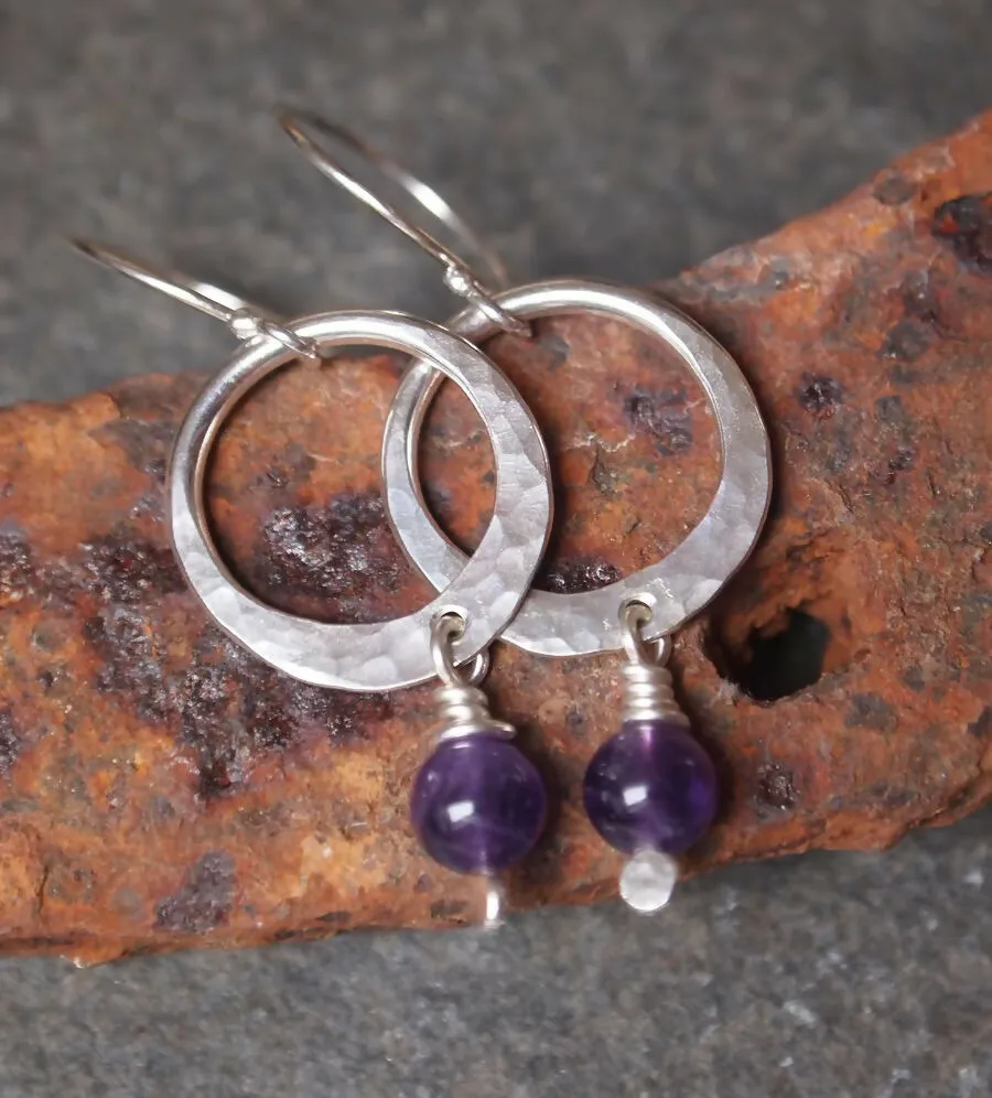 Amethyst Silver Hoop Earrings