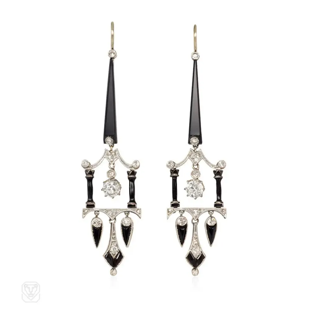 Art Deco onyx, diamond and enamel earrings