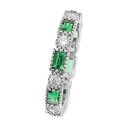 Art Deco Style Eternity Band with Emerald Color and Clear Diamond Cubic Zirconia 14k White Gold