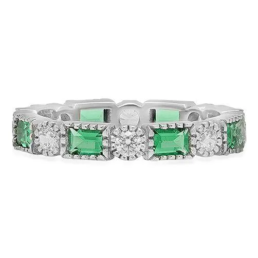 Art Deco Style Eternity Band with Emerald Color and Clear Diamond Cubic Zirconia 14k White Gold