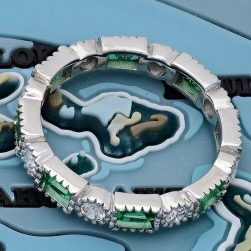 Art Deco Style Eternity Band with Emerald Color and Clear Diamond Cubic Zirconia 14k White Gold