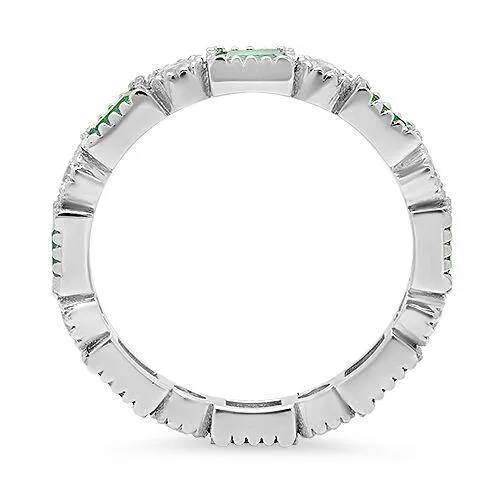 Art Deco Style Eternity Band with Emerald Color and Clear Diamond Cubic Zirconia 14k White Gold