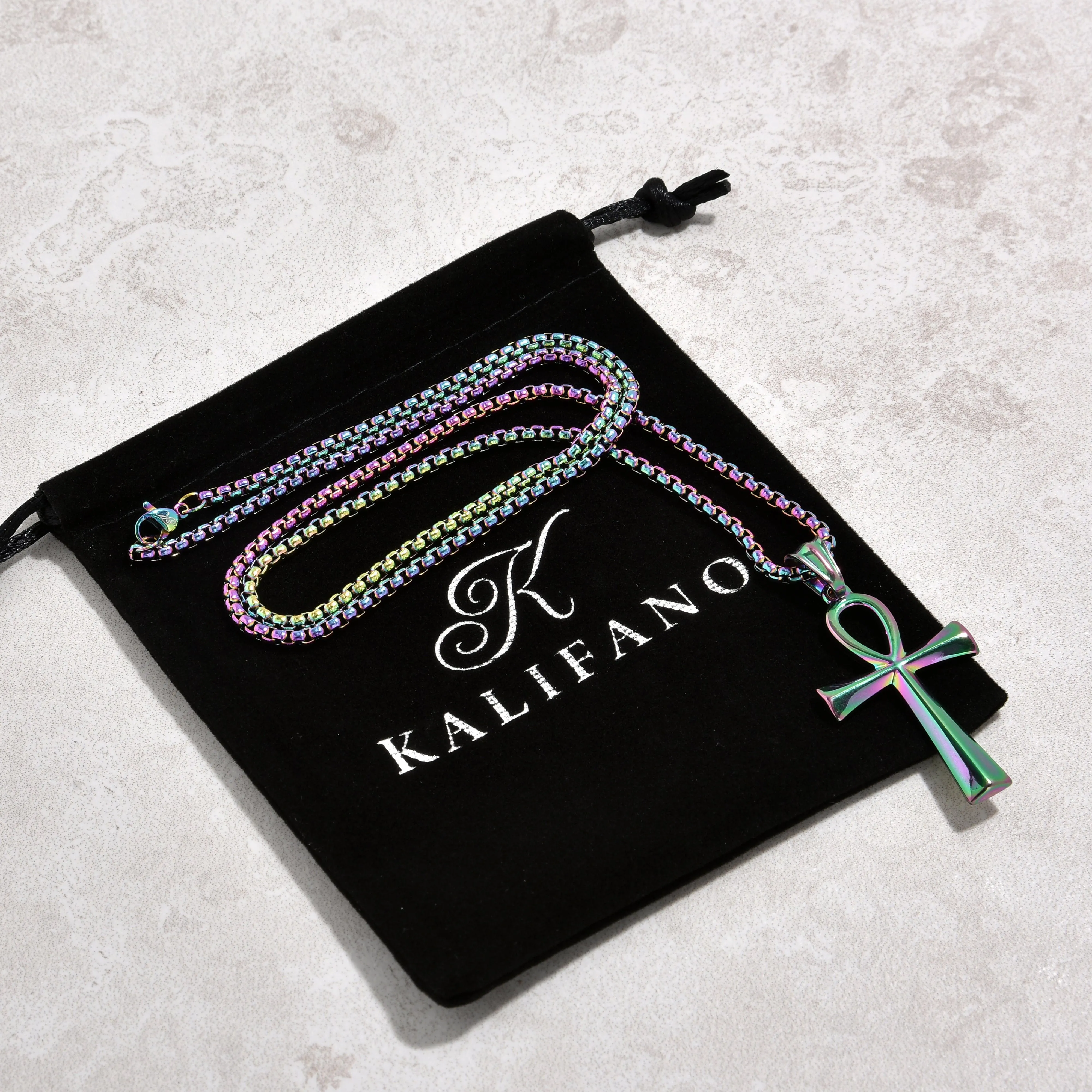 Aurora Borealis Ankh Cross Steel Hearts Necklace
