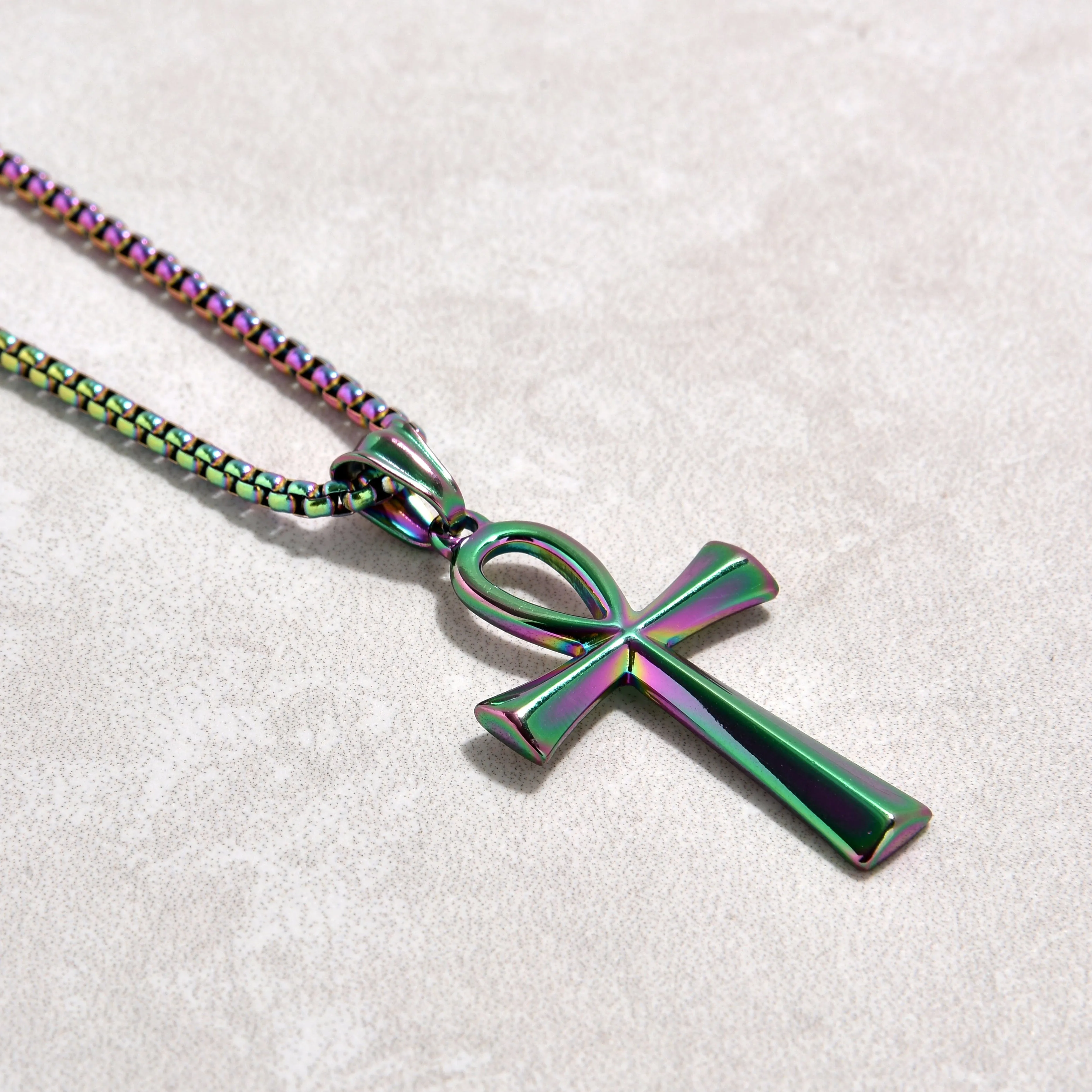 Aurora Borealis Ankh Cross Steel Hearts Necklace