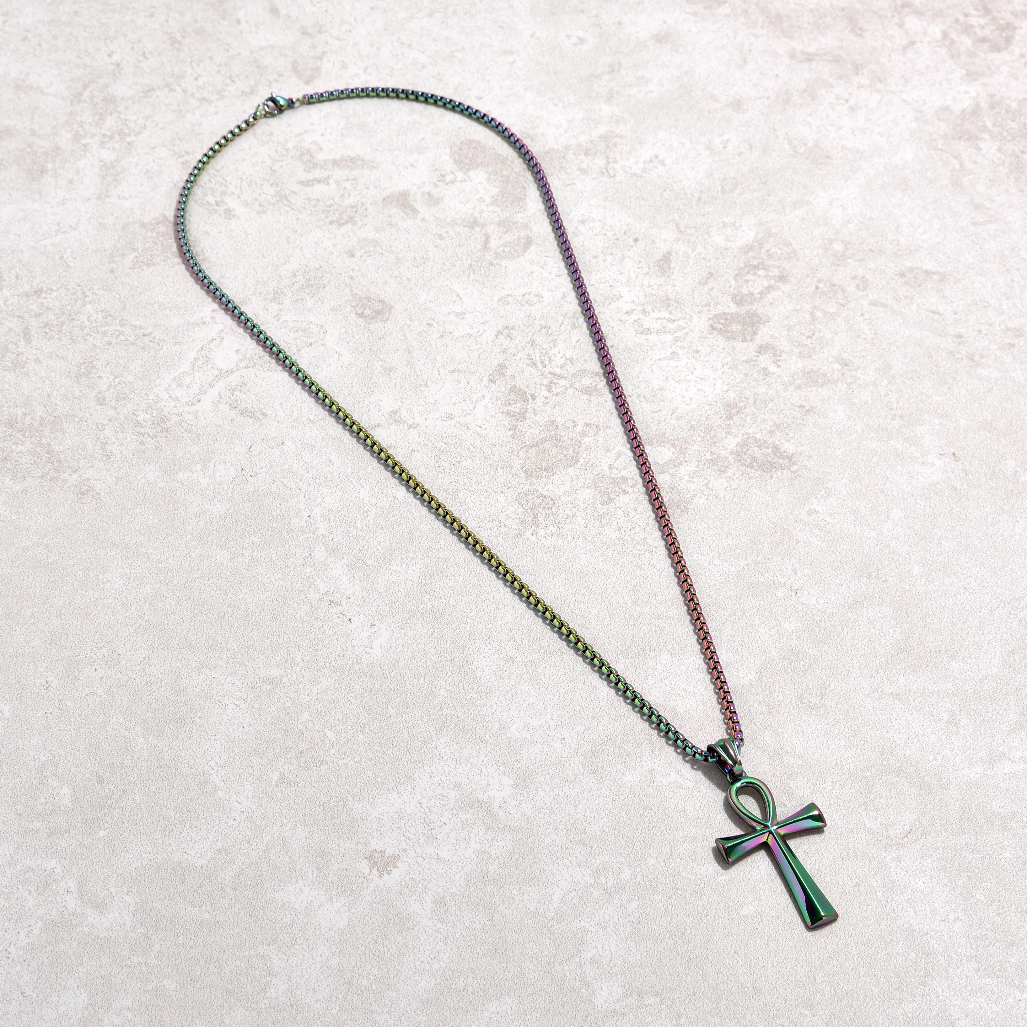 Aurora Borealis Ankh Cross Steel Hearts Necklace