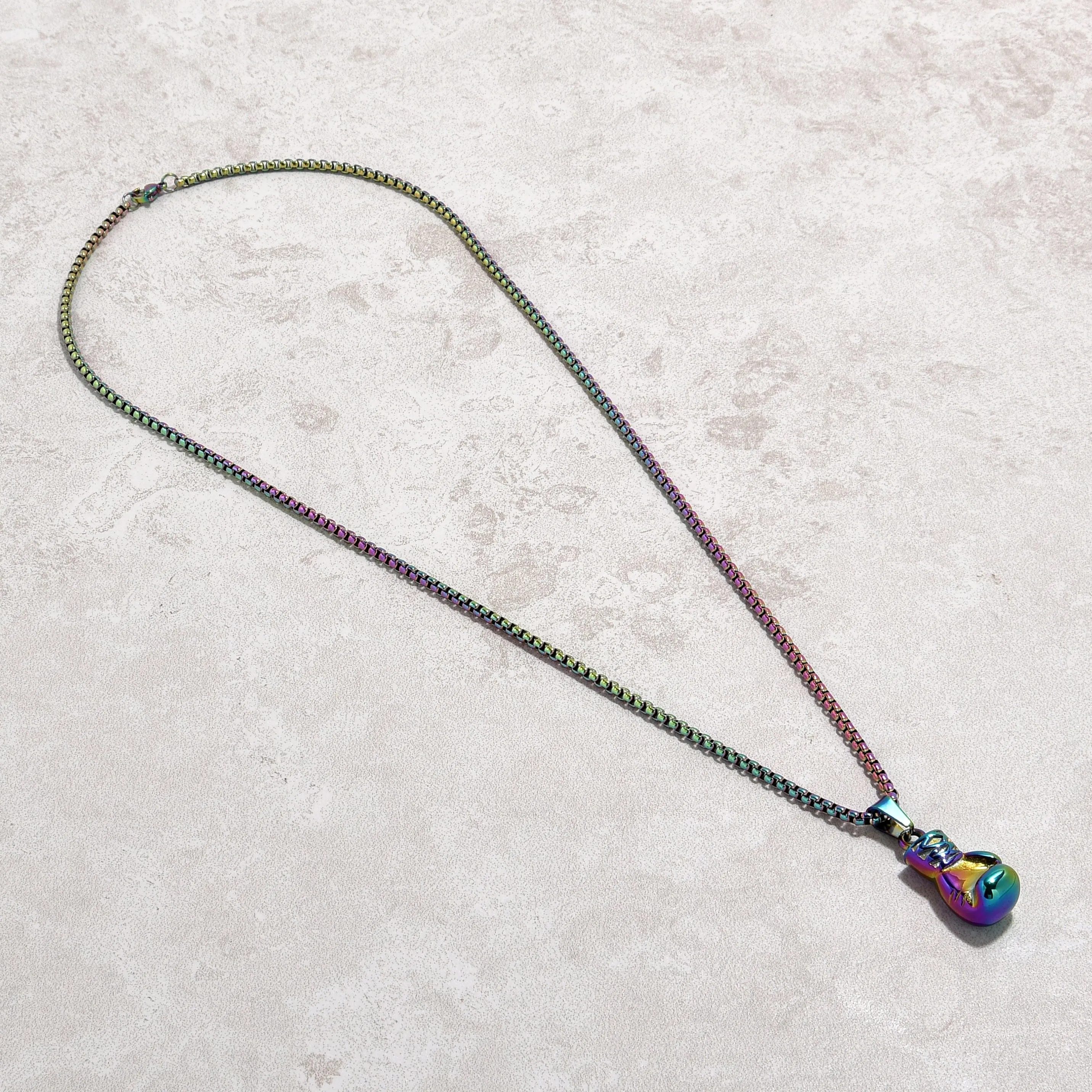 Aurora Borealis Boxing Gloves Steel Hearts Necklace
