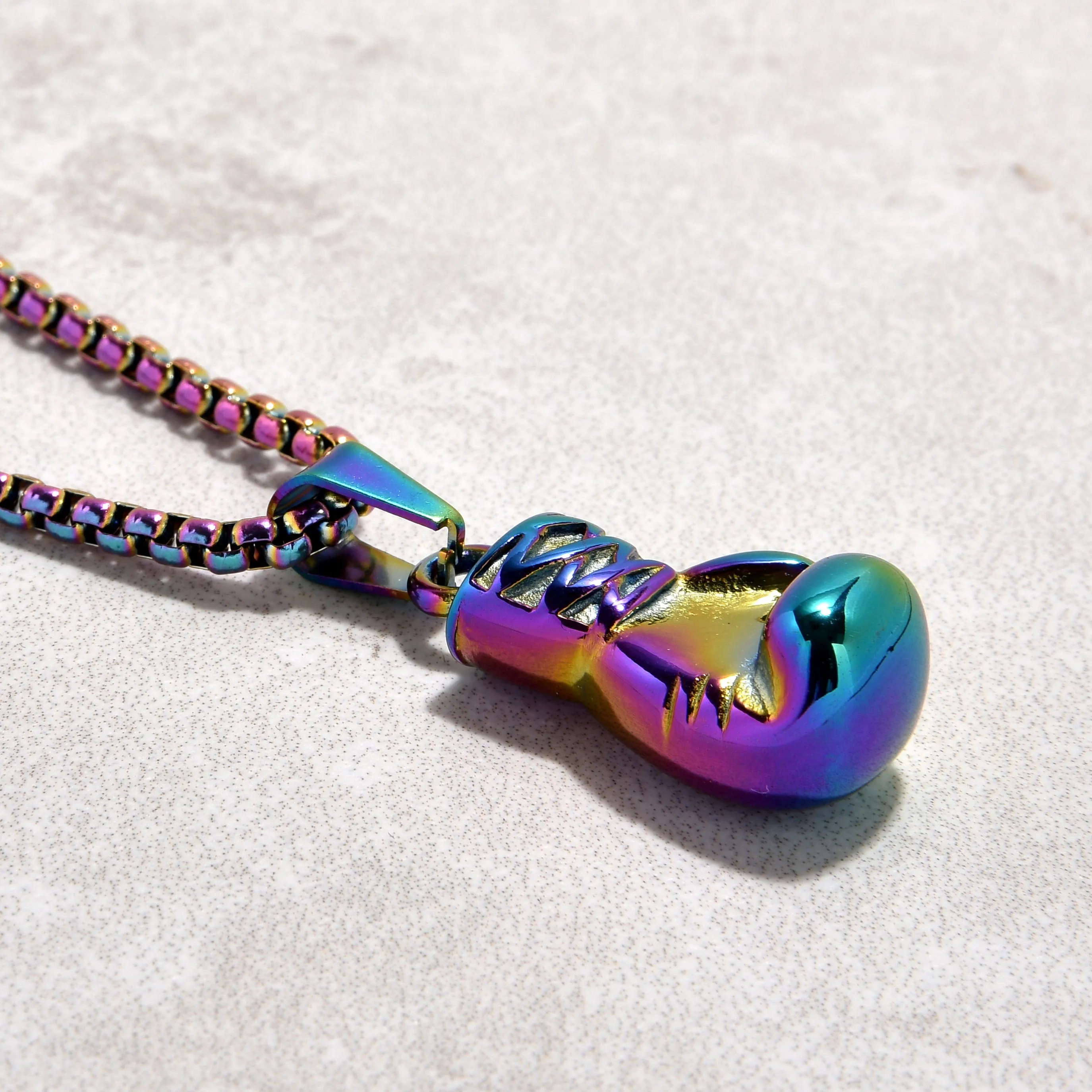 Aurora Borealis Boxing Gloves Steel Hearts Necklace