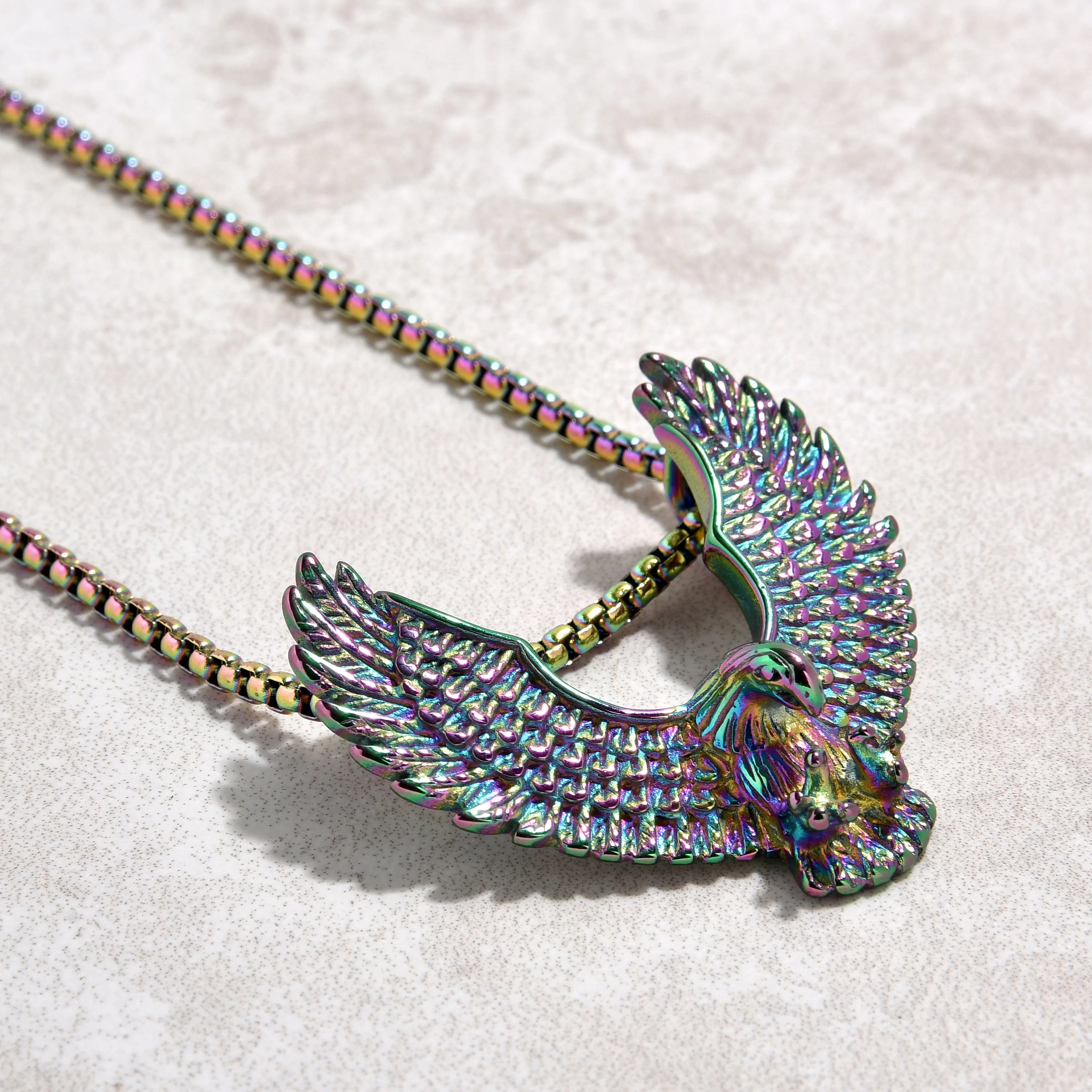 Aurora Borealis Eagle Steel Hearts Necklace