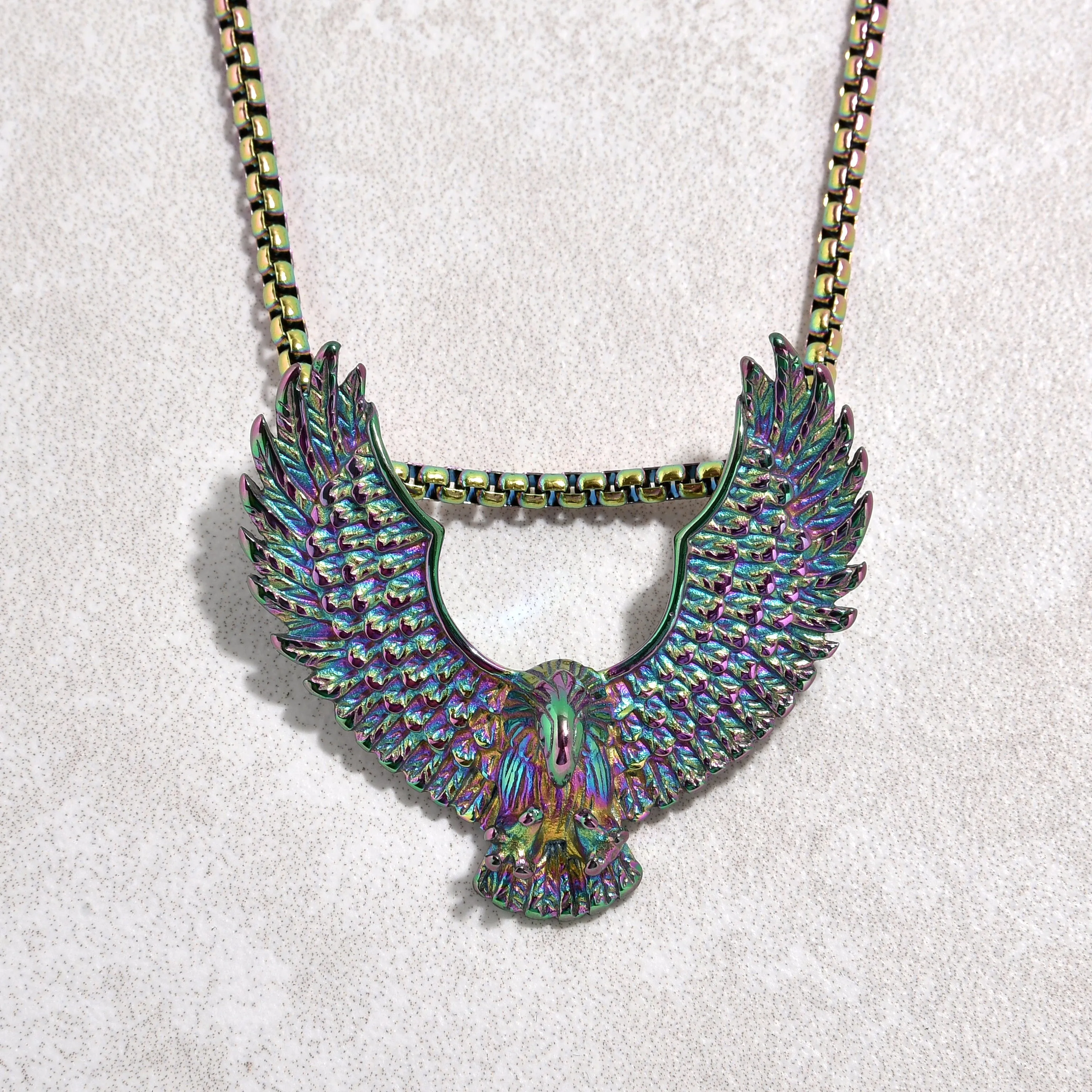 Aurora Borealis Eagle Steel Hearts Necklace