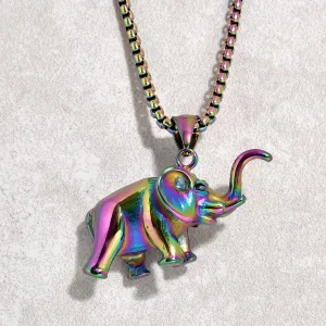 Aurora Borealis Elephant Steel Hearts Necklace