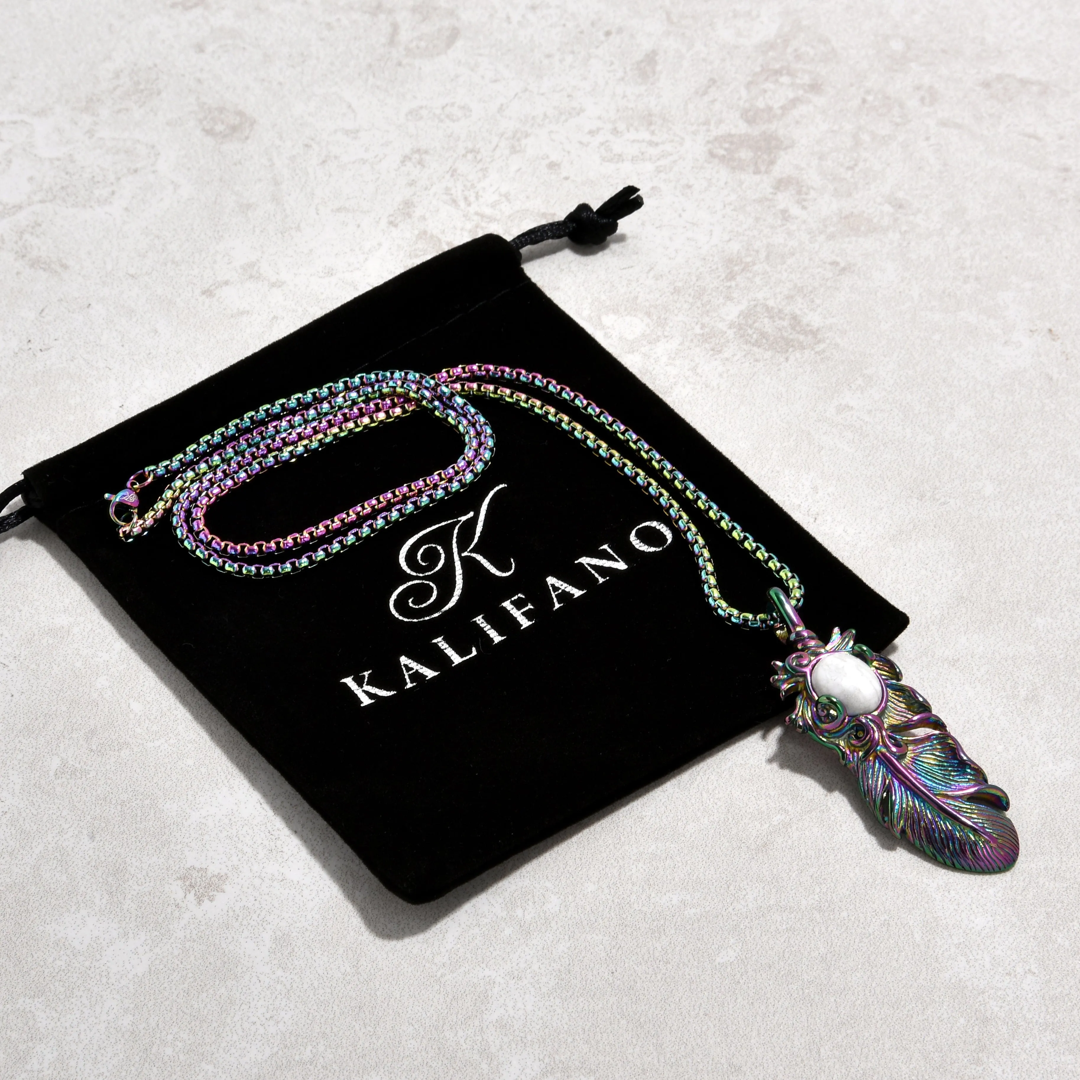 Aurora Borealis Howlite Feather Steel Hearts Necklace