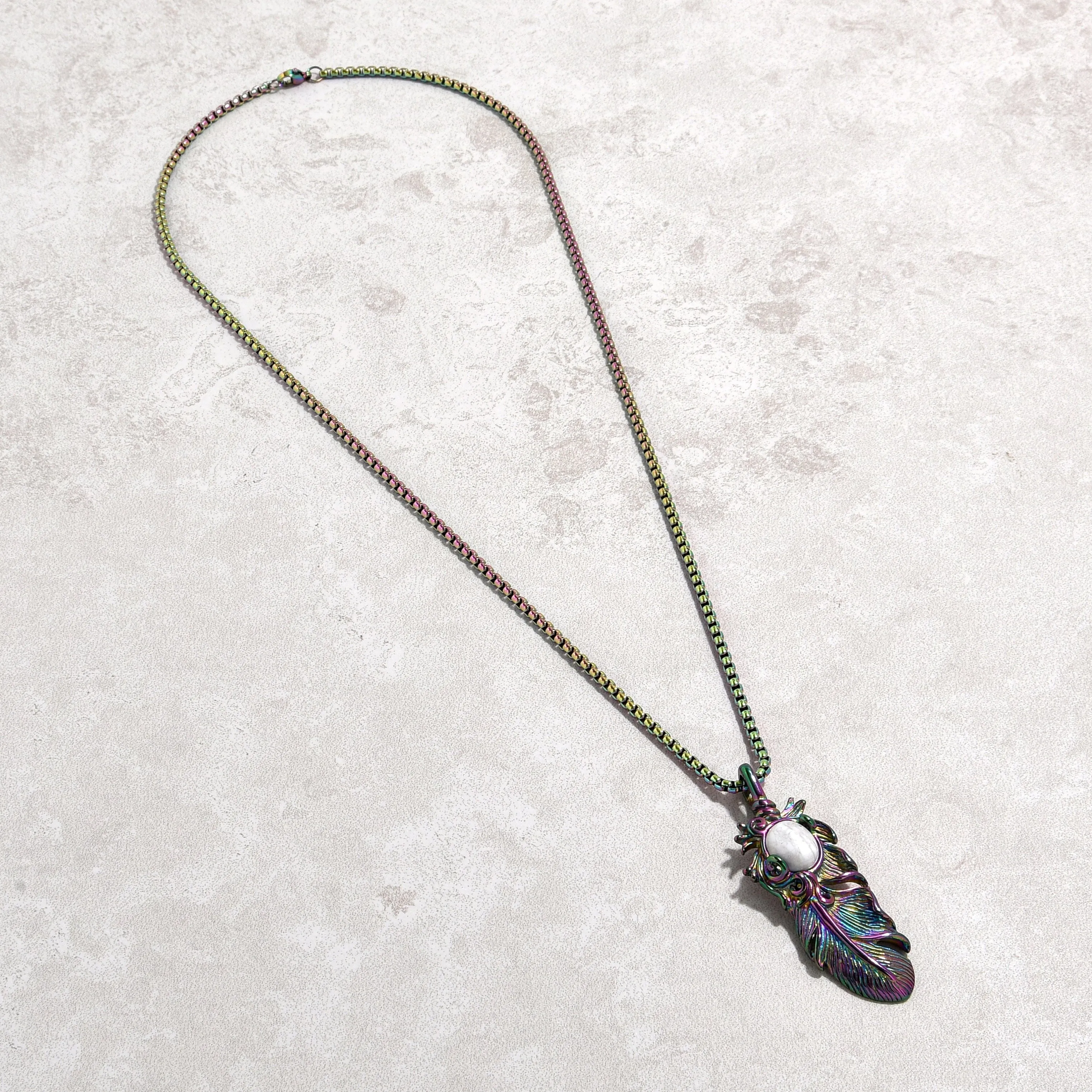 Aurora Borealis Howlite Feather Steel Hearts Necklace