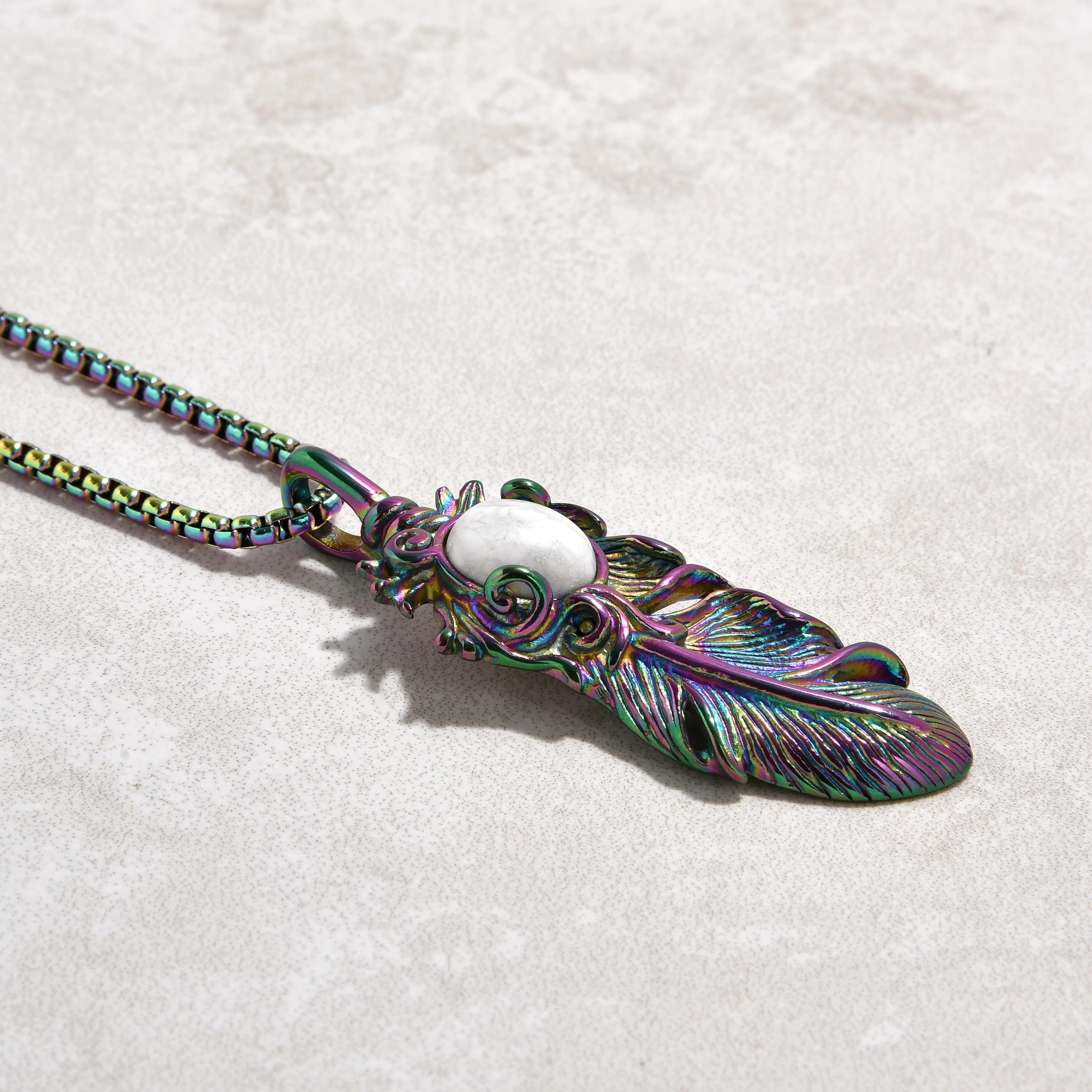 Aurora Borealis Howlite Feather Steel Hearts Necklace