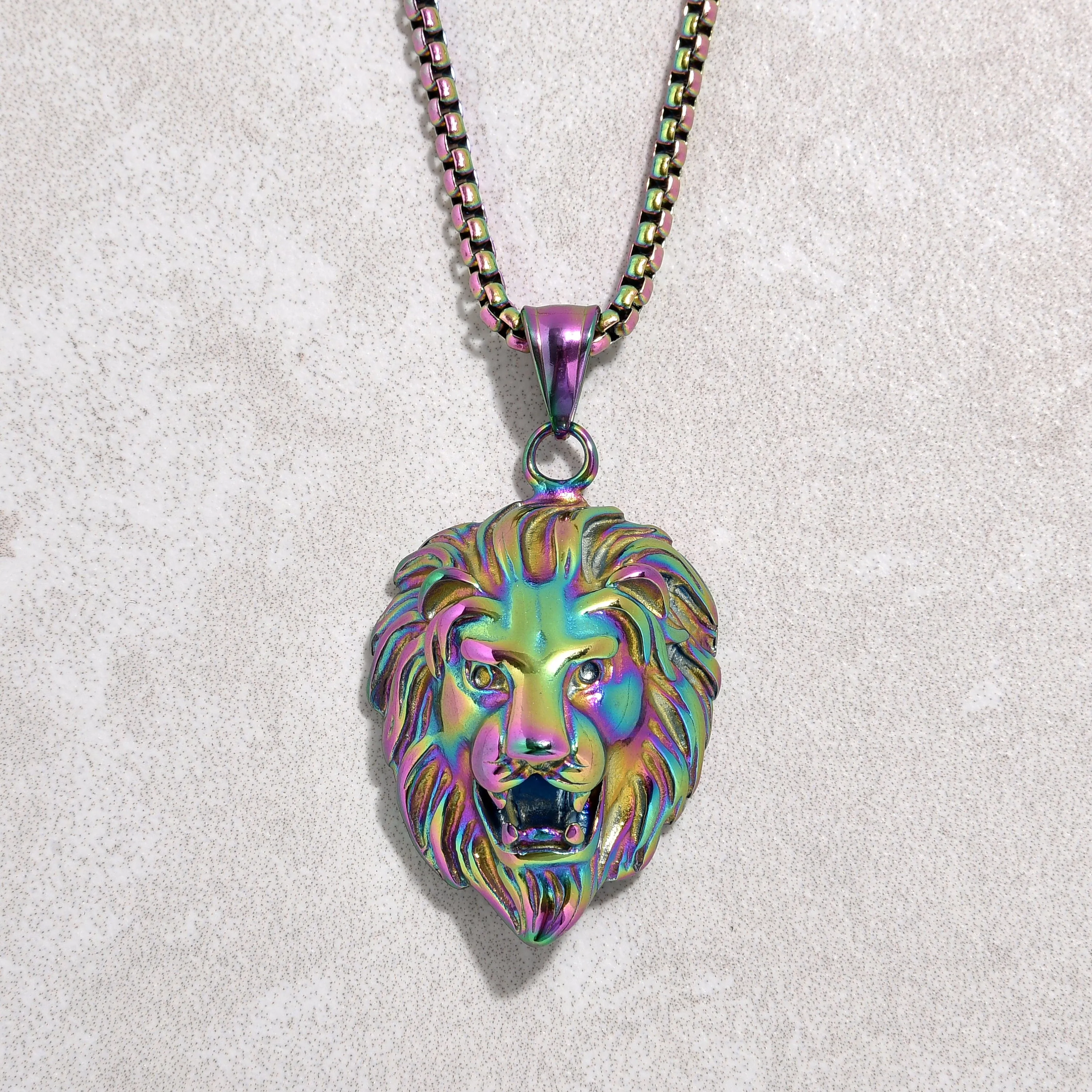 Aurora Borealis Lion Steel Hearts Necklace