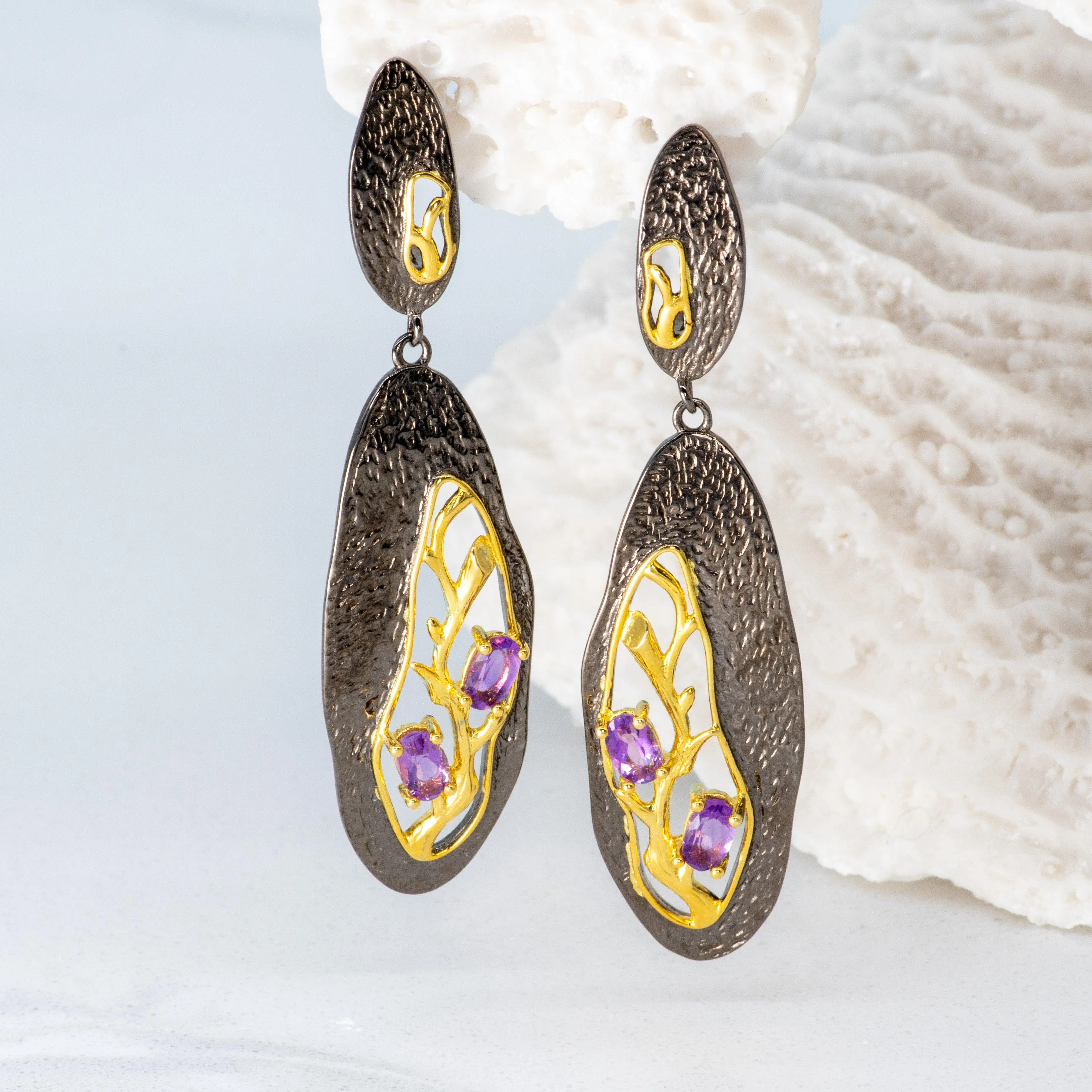 Beech Amethyst Drop Earrings in Sterling Silver