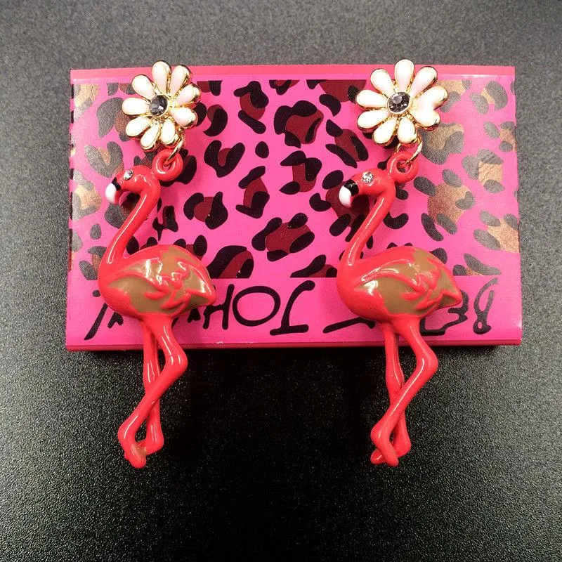 Betsey Johnson Flamingo Flower Rhinestone Earrings