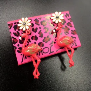 Betsey Johnson Flamingo Flower Rhinestone Earrings
