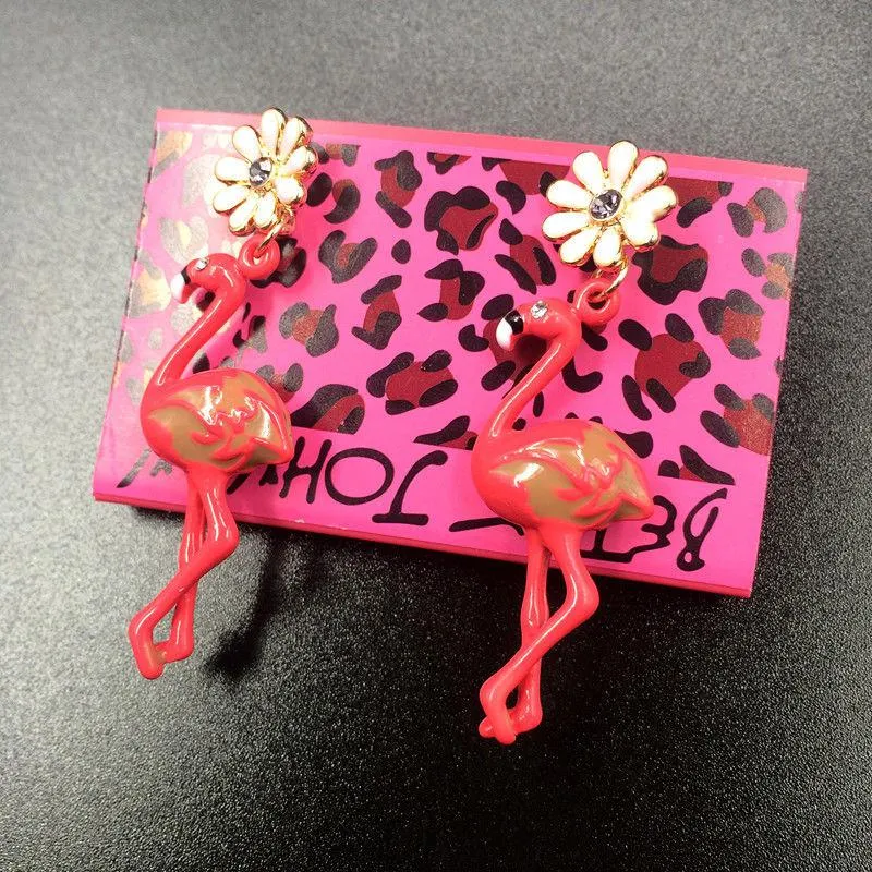 Betsey Johnson Flamingo Flower Rhinestone Earrings