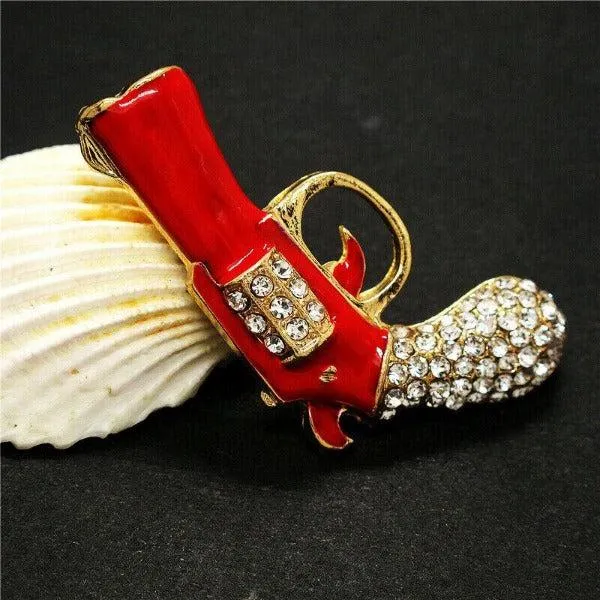 Betsey Johnson Gun Revolver Red Enamel Rhinestone Brooch Pin