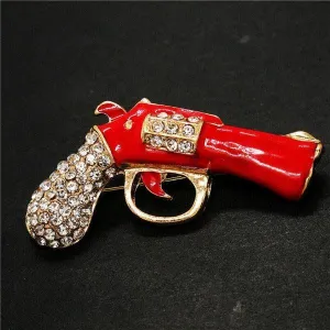 Betsey Johnson Gun Revolver Red Enamel Rhinestone Brooch Pin