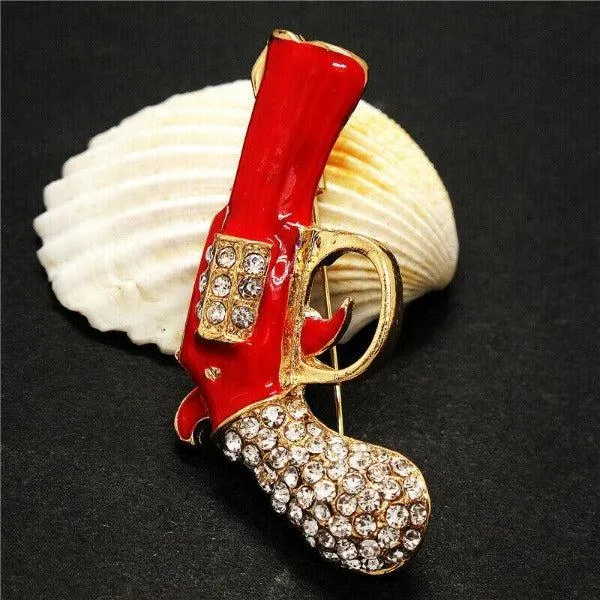 Betsey Johnson Gun Revolver Red Enamel Rhinestone Brooch Pin