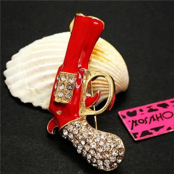 Betsey Johnson Gun Revolver Red Enamel Rhinestone Brooch Pin