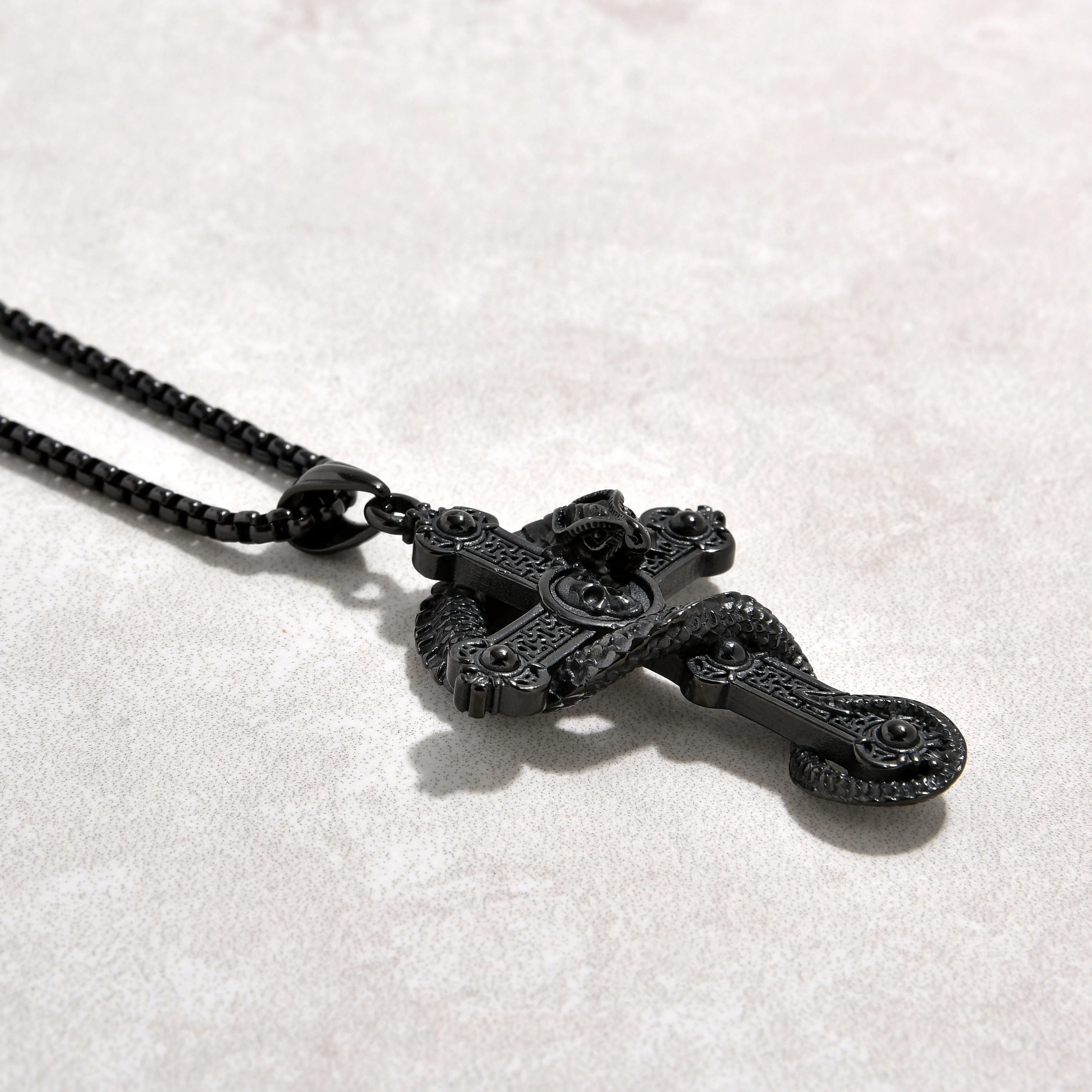 Black Gun Metal Dragon Cross Steel Hearts Necklace