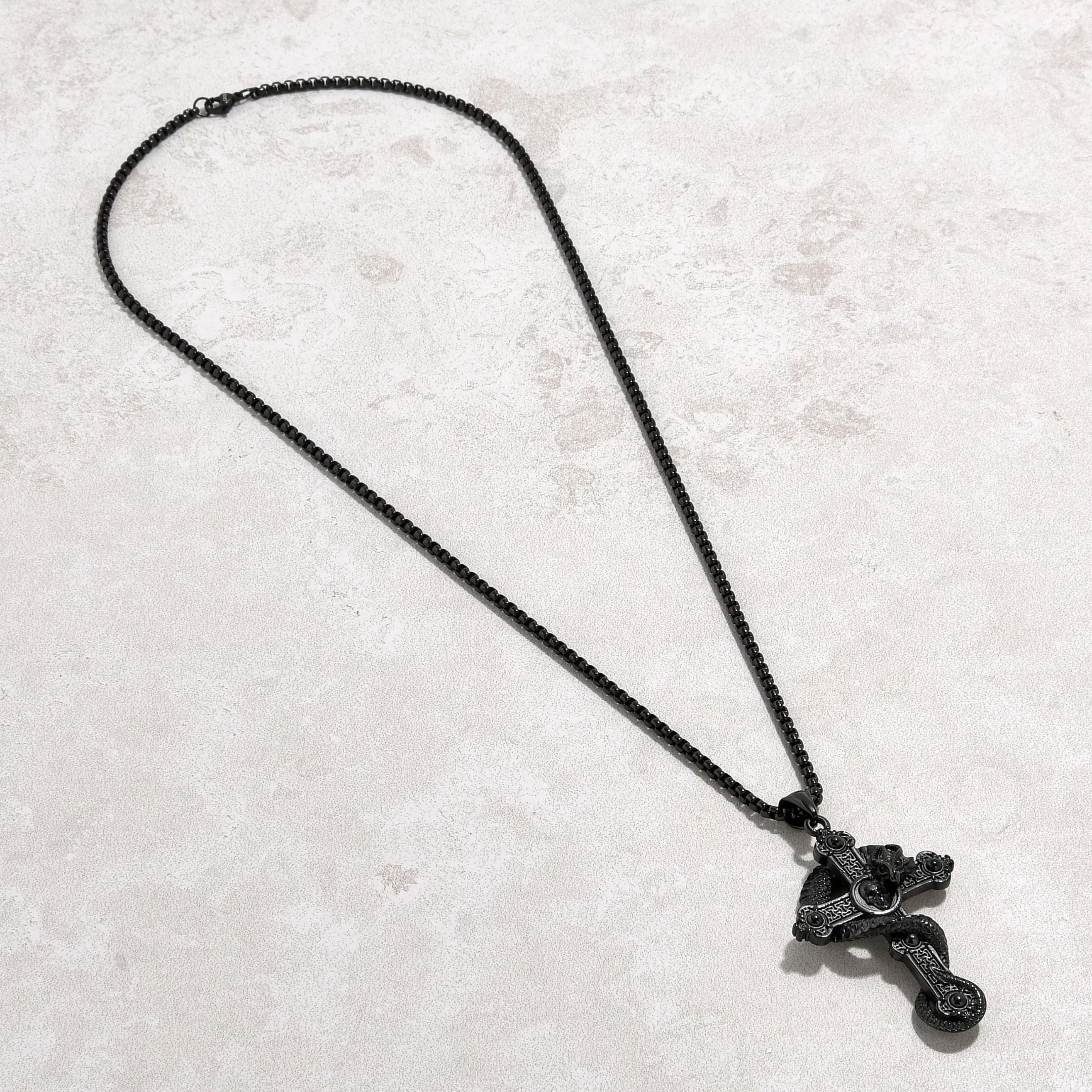 Black Gun Metal Dragon Cross Steel Hearts Necklace