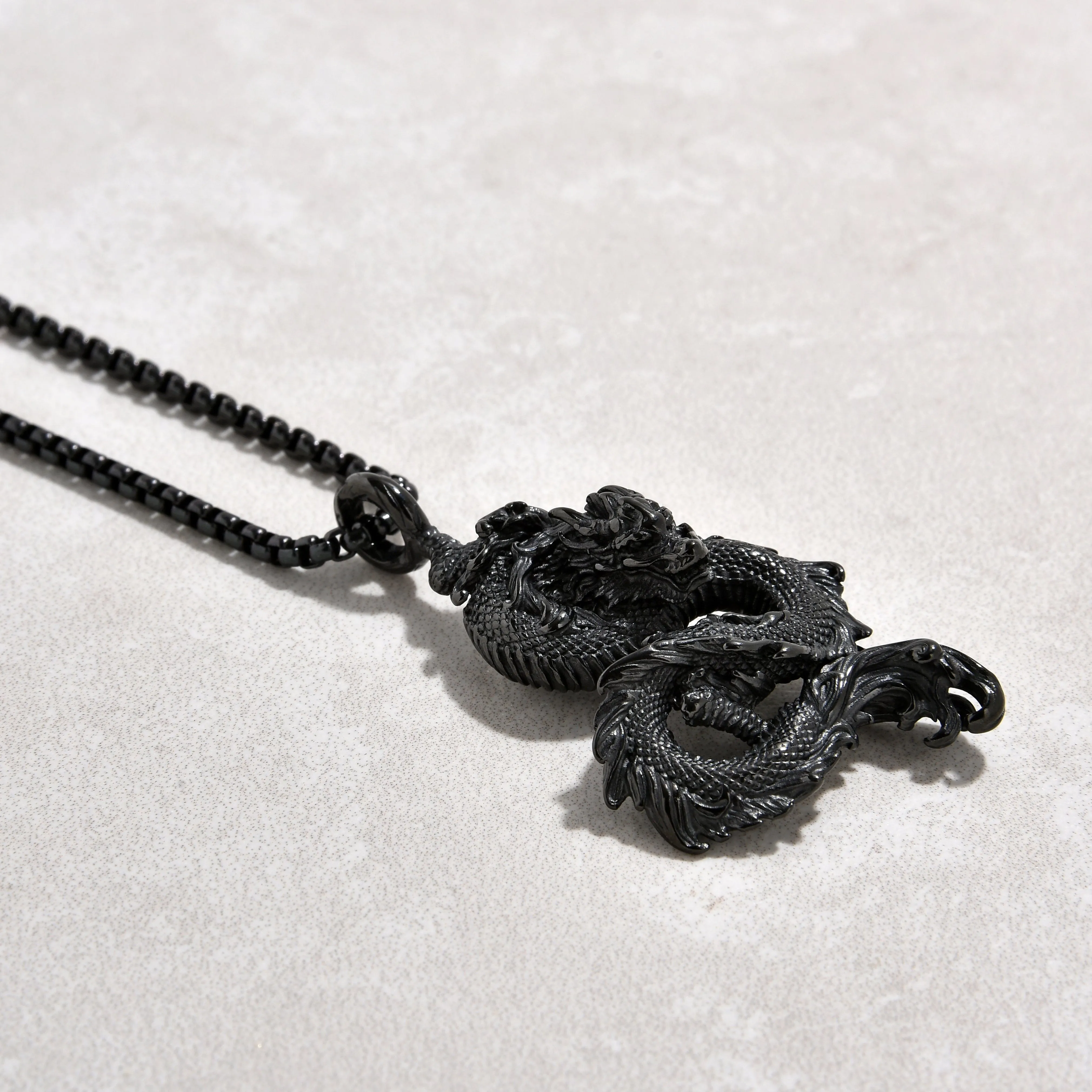 Black Gun Metal Dragon Steel Hearts Necklace