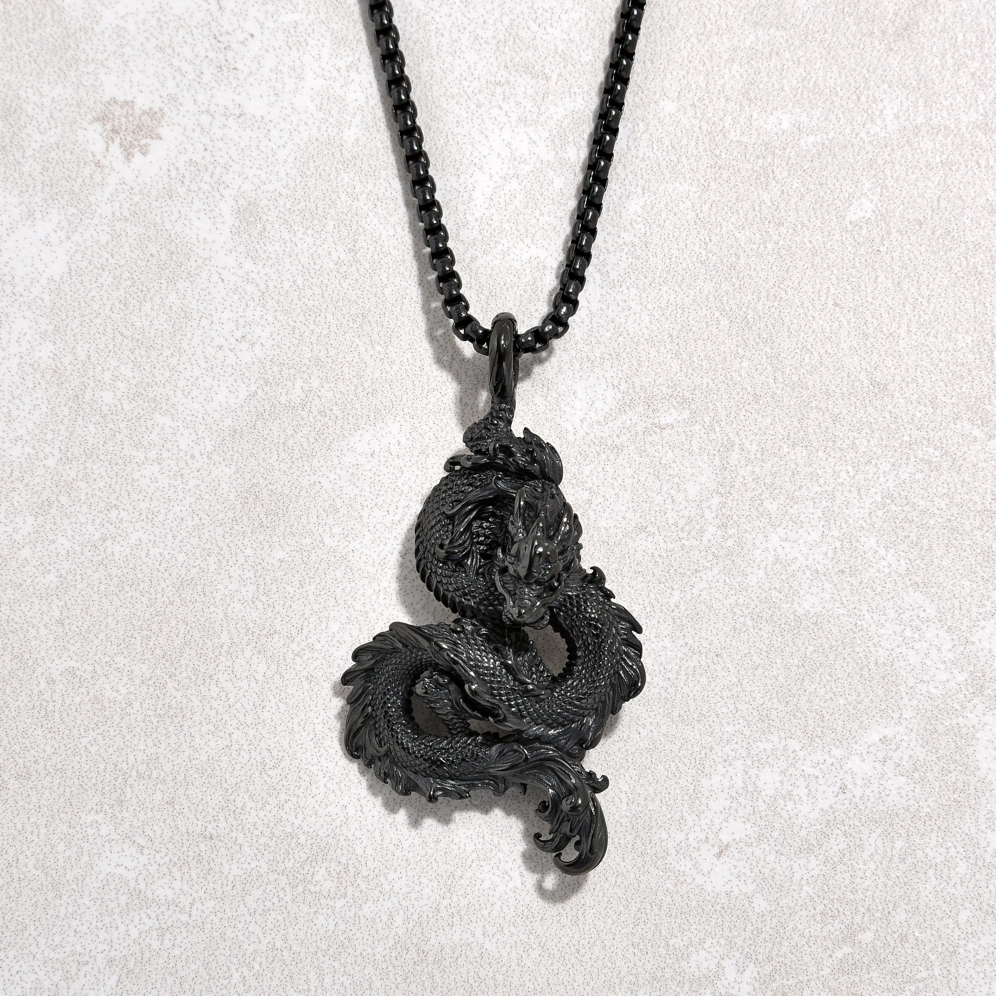 Black Gun Metal Dragon Steel Hearts Necklace