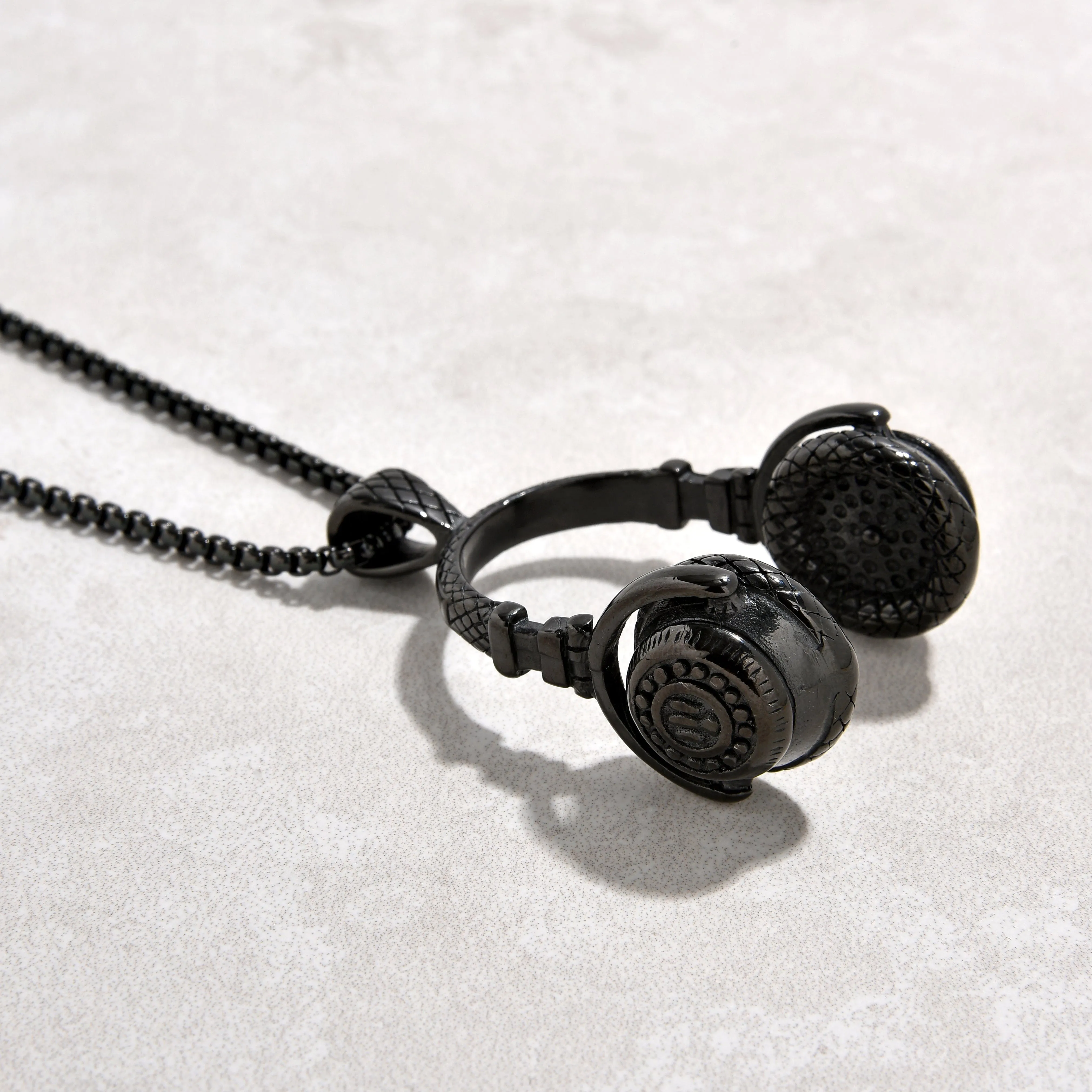 Black Gun Metal Large Headphones Steel Hearts Necklace