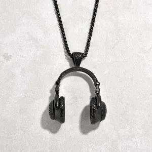 Black Gun Metal Large Headphones Steel Hearts Necklace