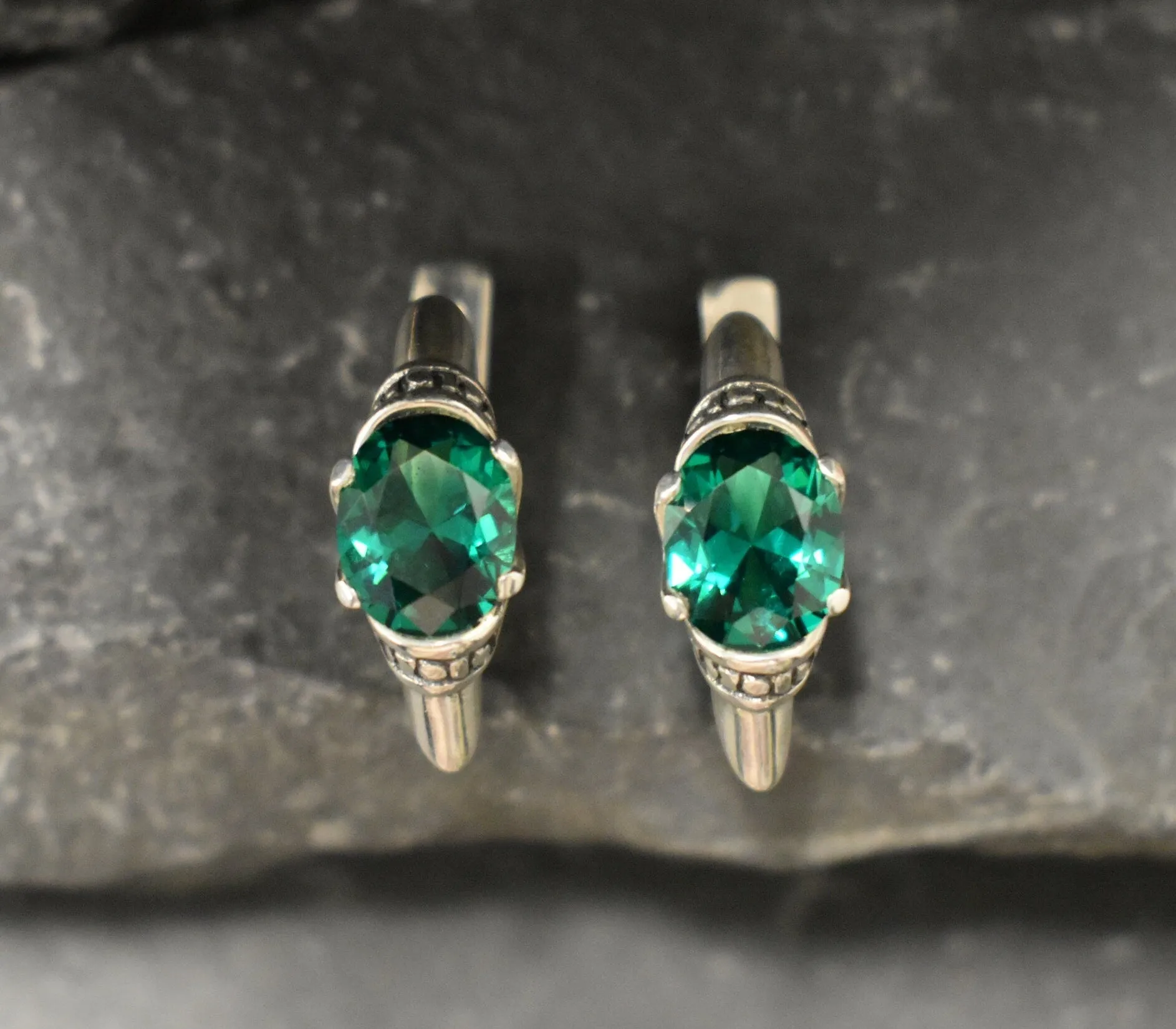 Boho Emerald Earrings - Green Tribal Studs - Vintage Oval Earrings
