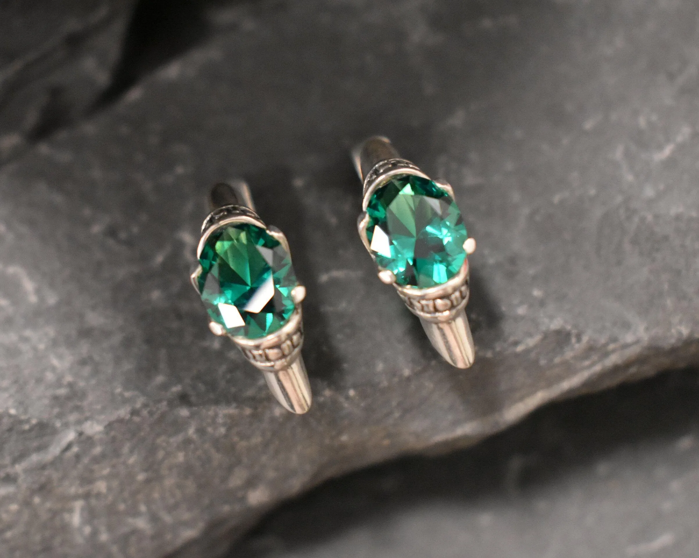 Boho Emerald Earrings - Green Tribal Studs - Vintage Oval Earrings