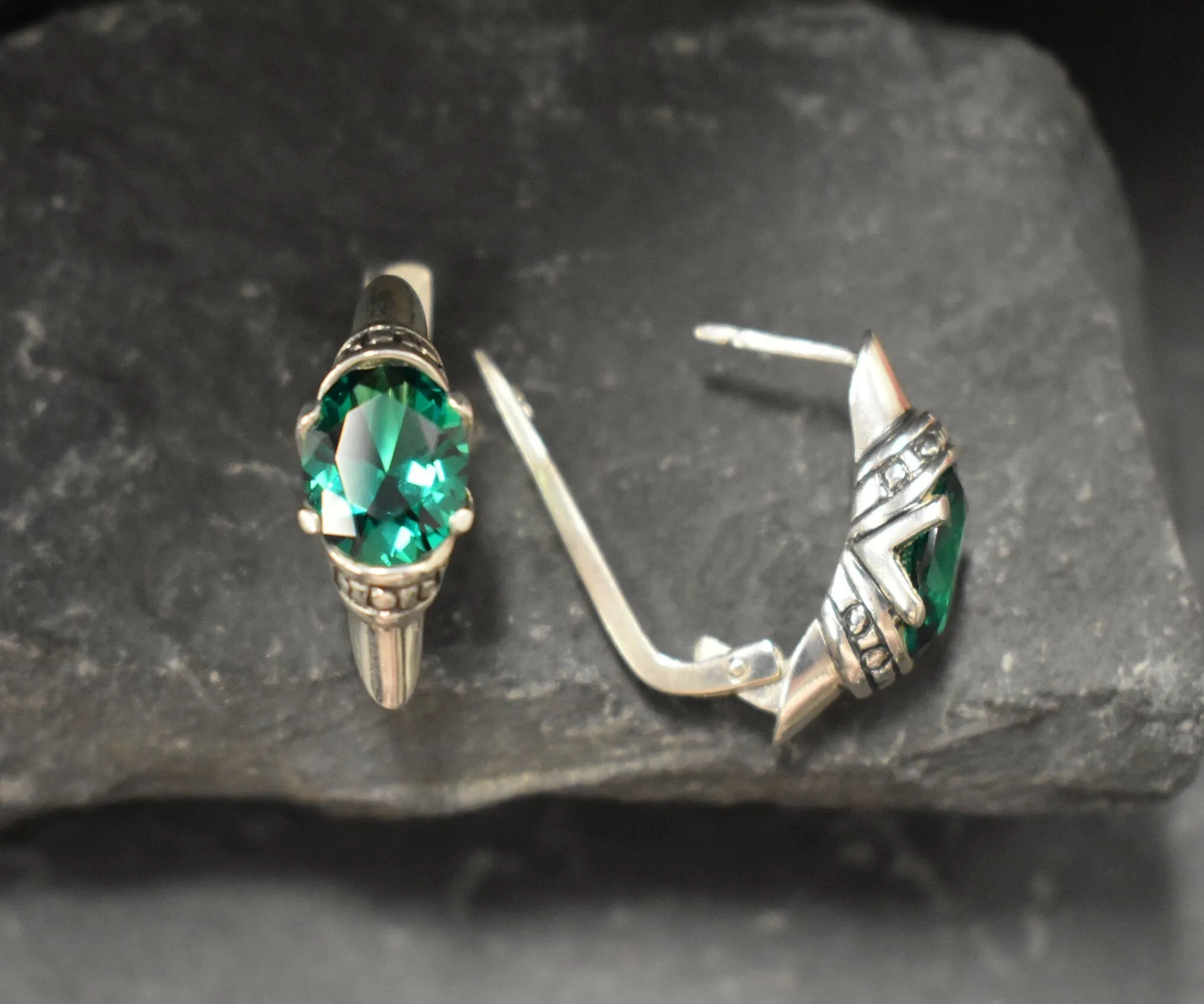 Boho Emerald Earrings - Green Tribal Studs - Vintage Oval Earrings