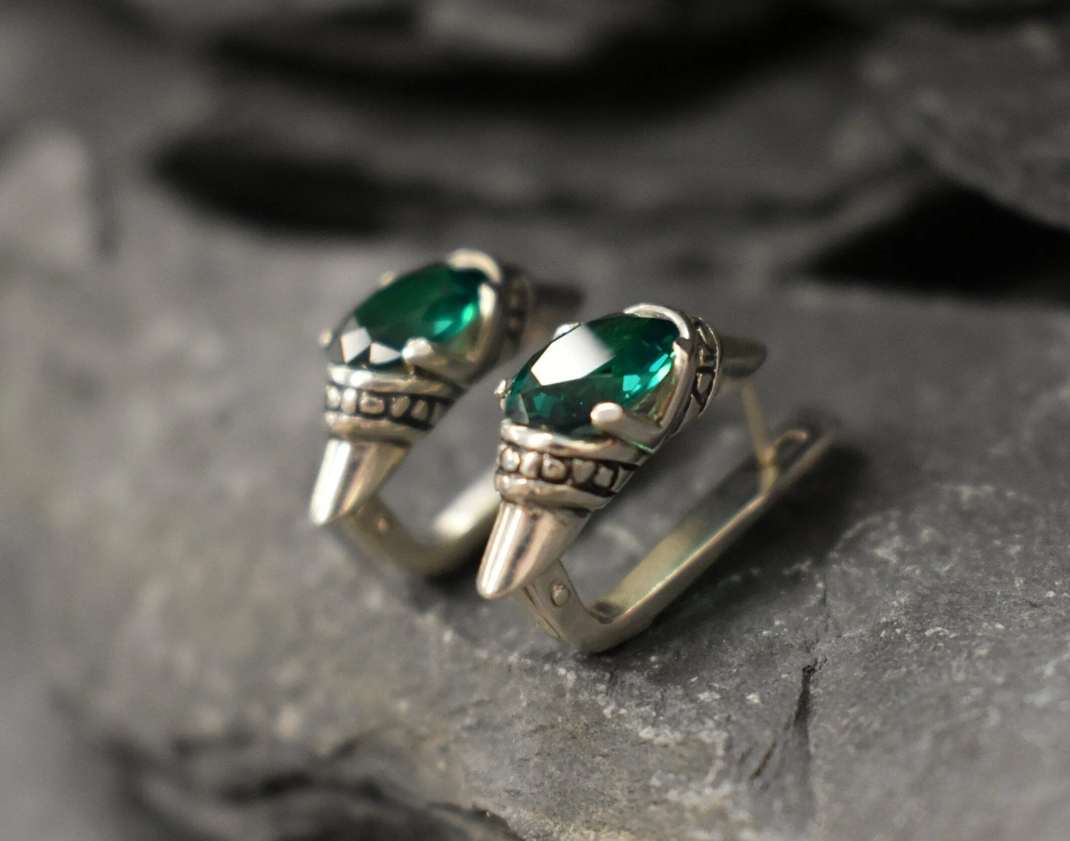 Boho Emerald Earrings - Green Tribal Studs - Vintage Oval Earrings