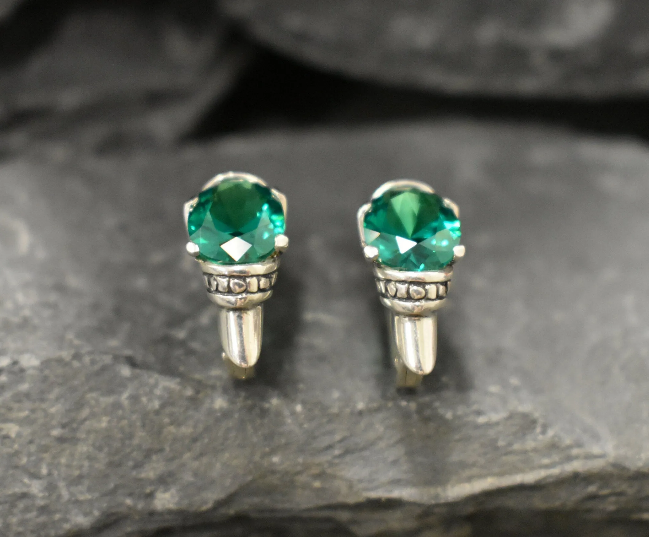 Boho Emerald Earrings - Green Tribal Studs - Vintage Oval Earrings