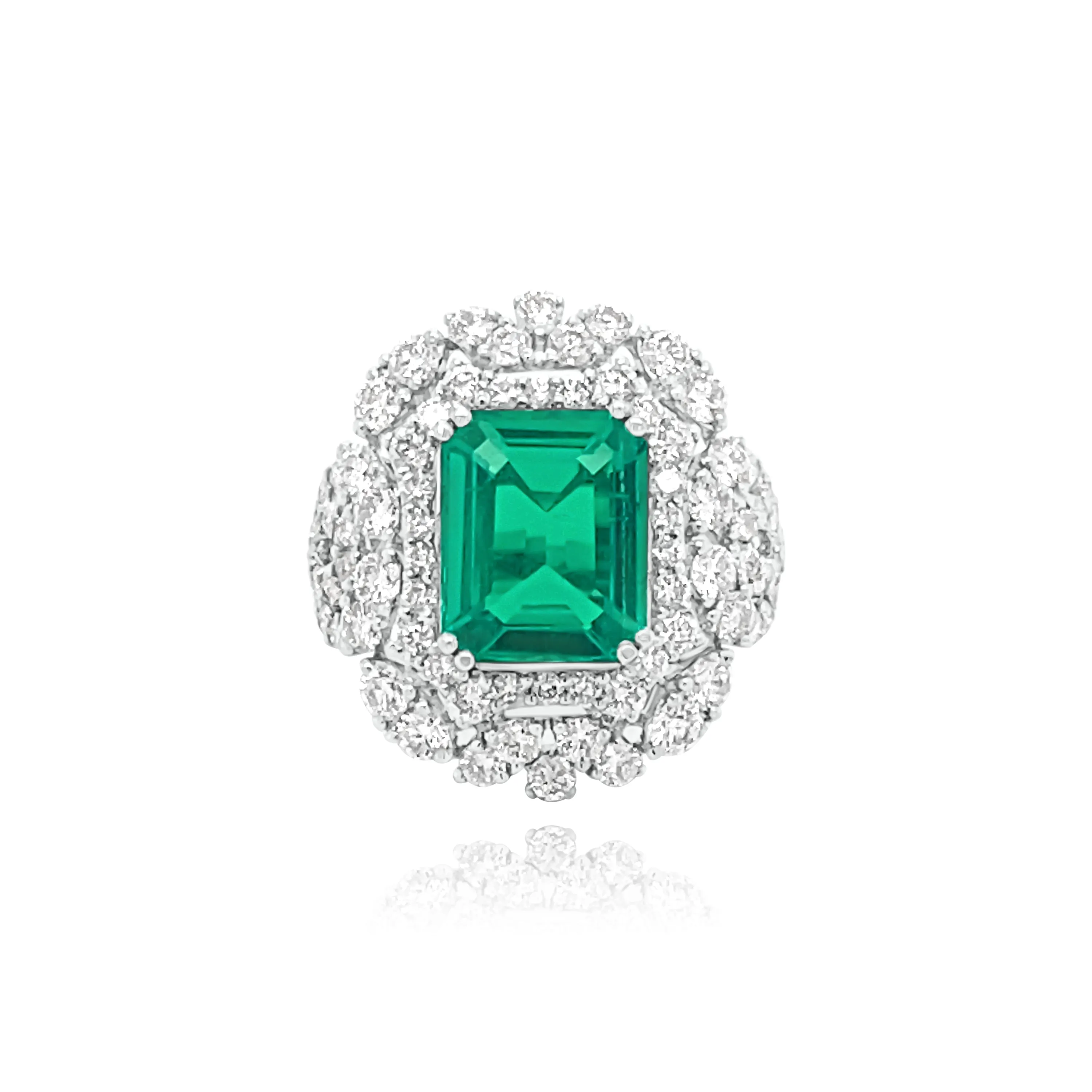 Brilliant cut Diamonds &  Emerald cut Emerald "Kauai" Ring