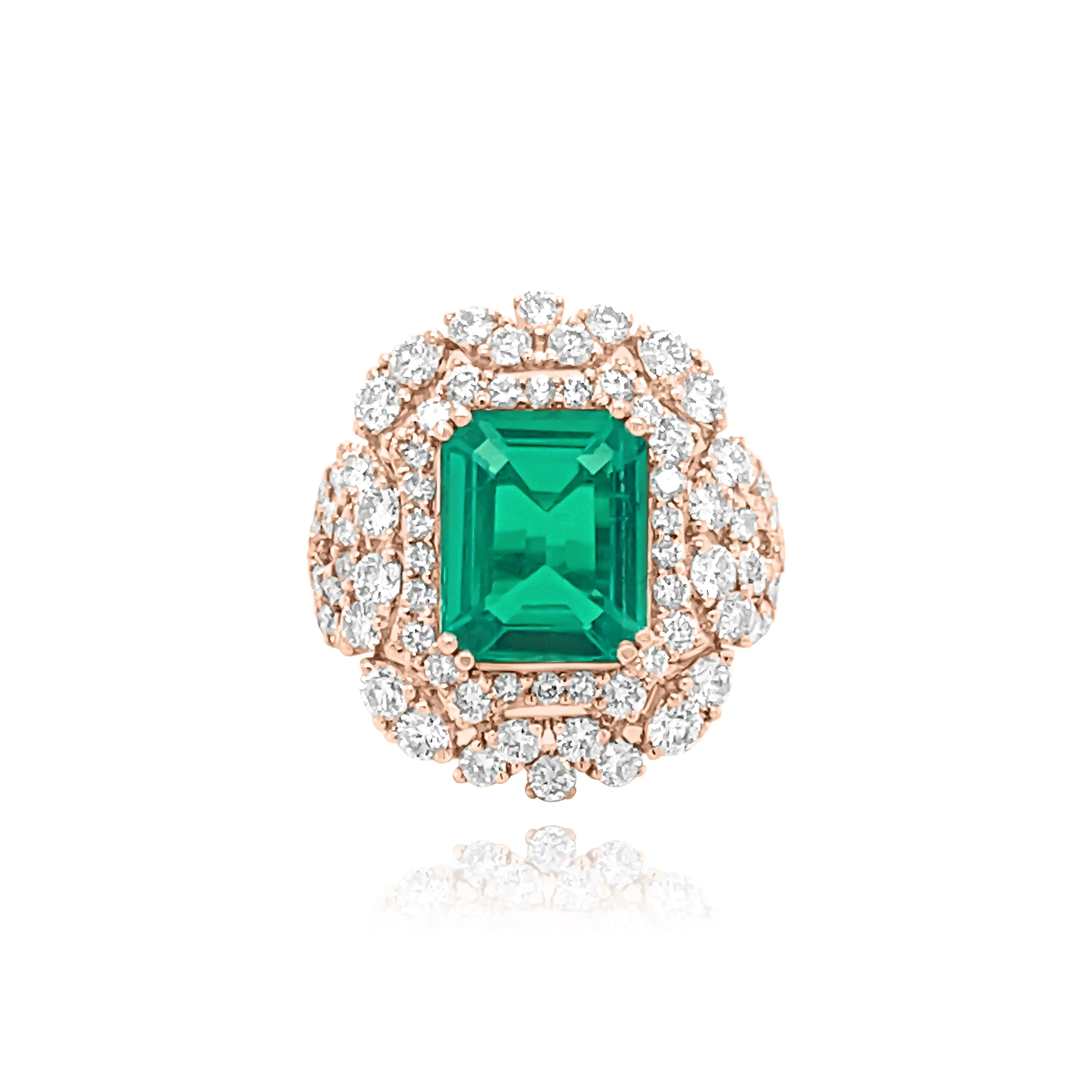 Brilliant cut Diamonds &  Emerald cut Emerald "Kauai" Ring