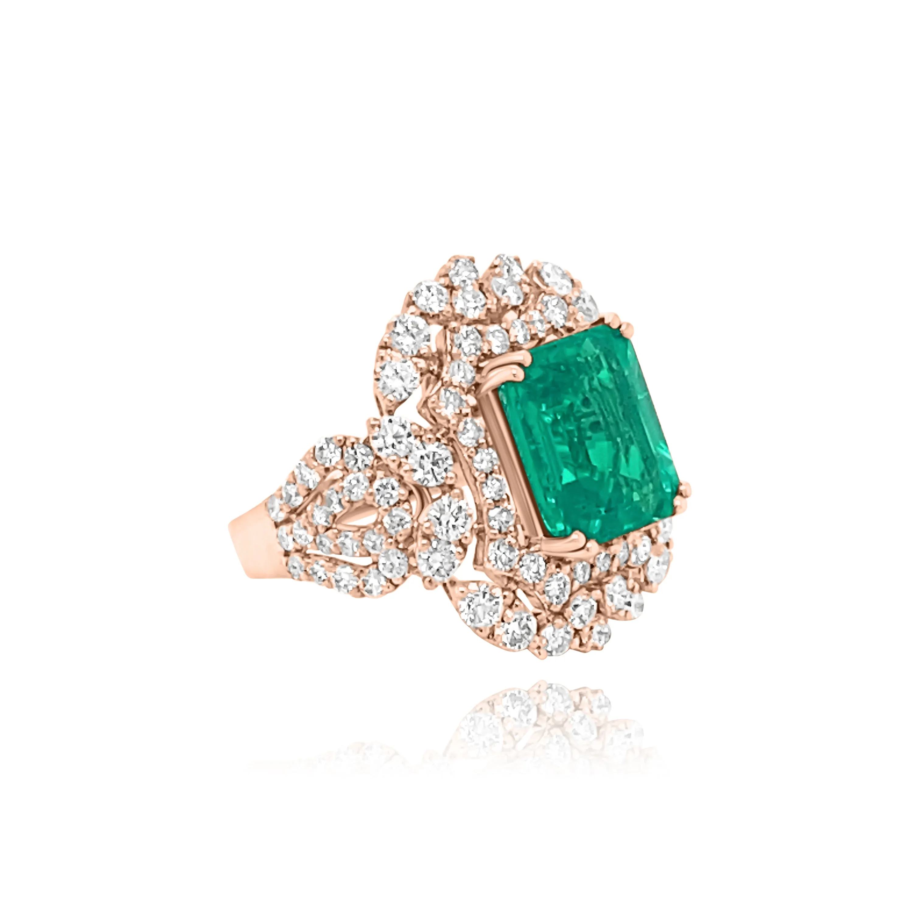 Brilliant cut Diamonds &  Emerald cut Emerald "Kauai" Ring