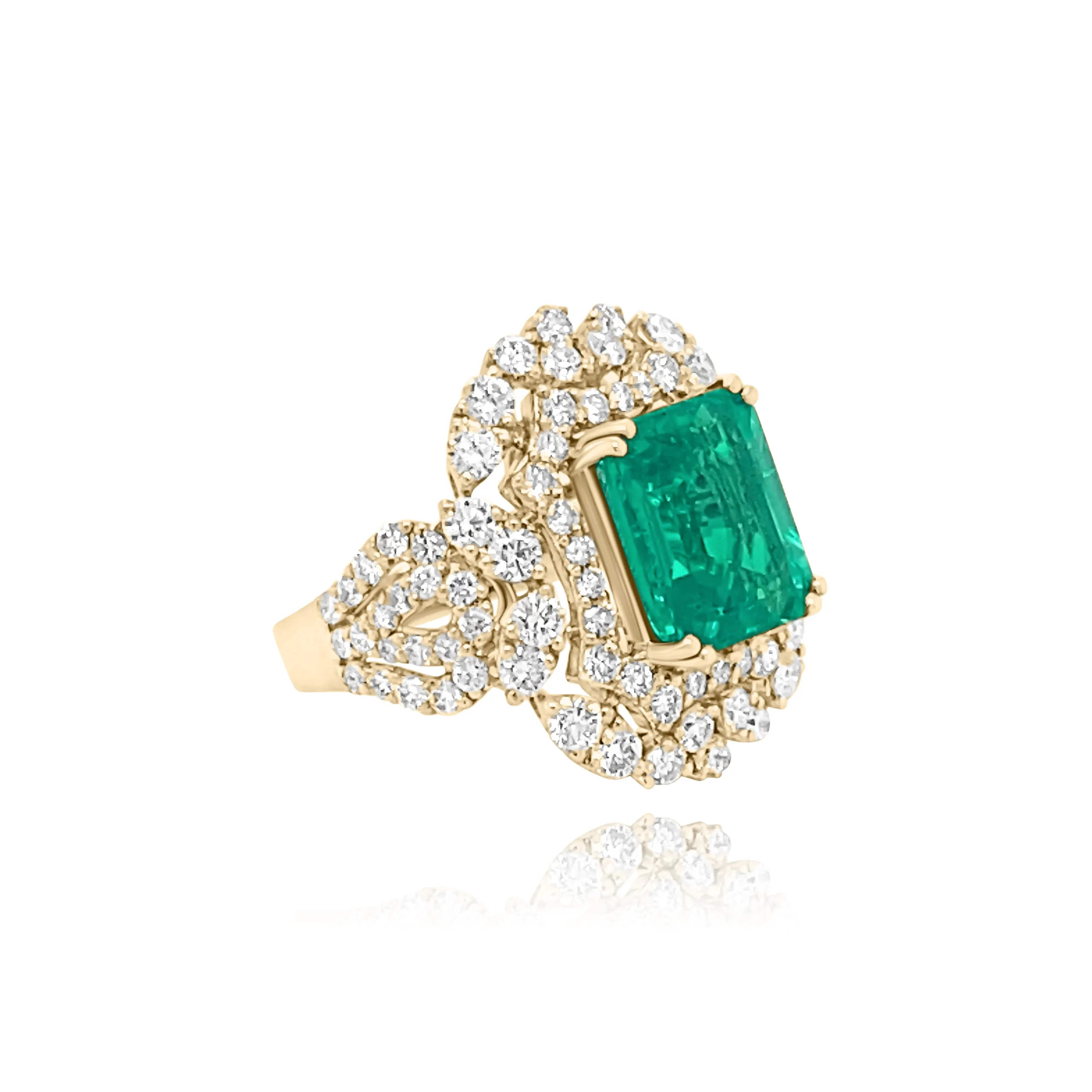 Brilliant cut Diamonds &  Emerald cut Emerald "Kauai" Ring